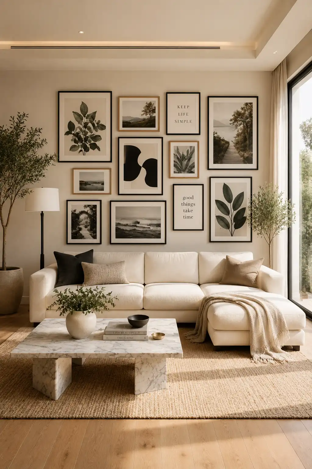 Modern gallery wall above a cream sectional sofa featuring black and natural oak picture frames with botanical prints, abstract artwork, landscape photography, minimalist wall décor, marble coffee table, woven rug, indoor plants, floor to ceiling windows, warm neutral living room styling, and beautiful DIY gallery wall ideas for blank walls.