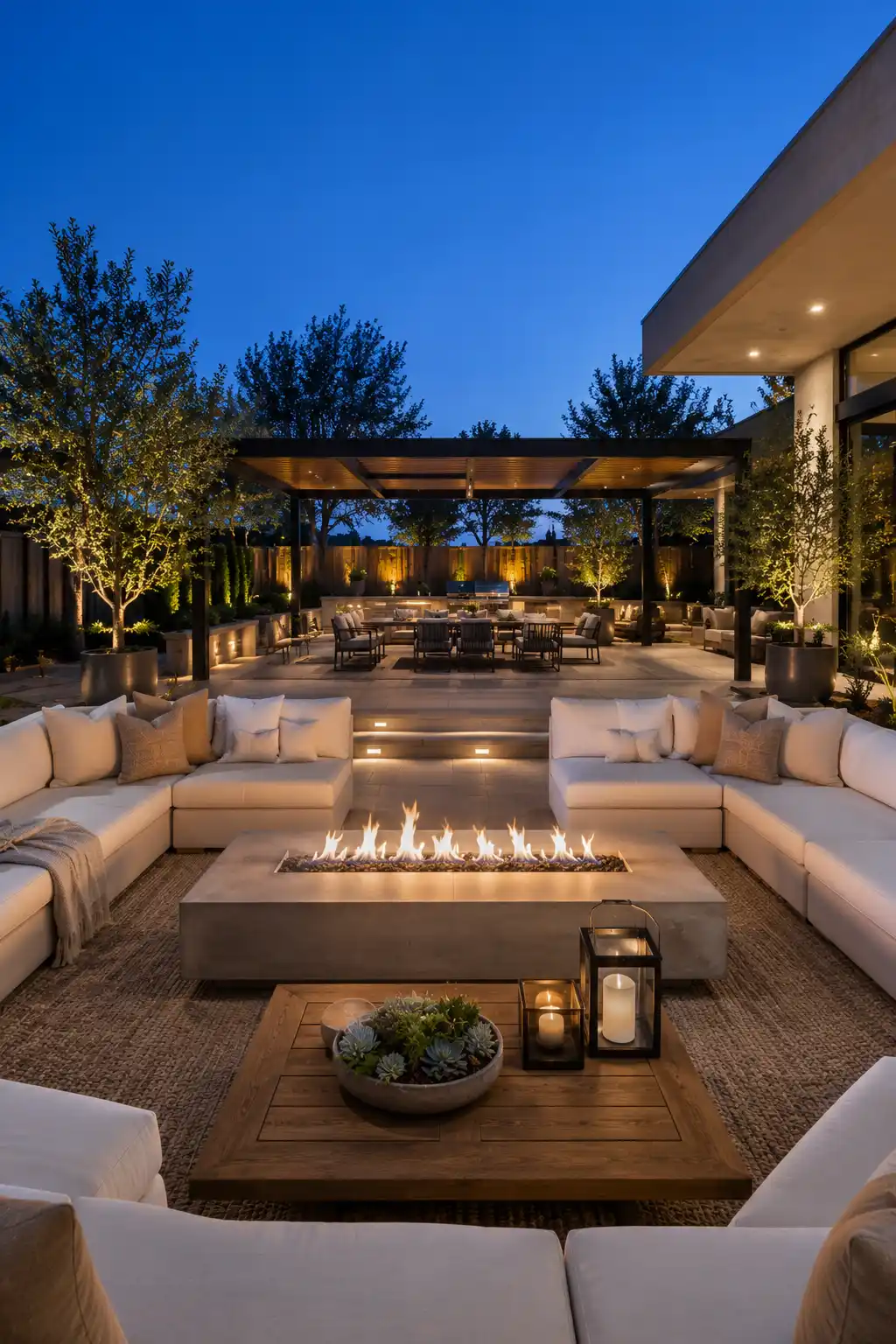 Modern concrete fire table surrounded by oversized white outdoor sectional sofas, luxury contemporary backyard patio, black pergola, porcelain tile flooring, decorative lanterns, olive trees, architectural landscape lighting, premium outdoor living room, warm evening ambiance, and elegant backyard entertaining space.