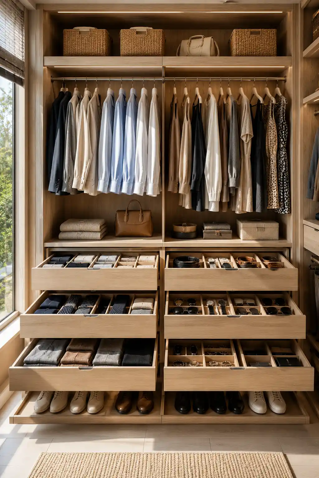Small closet organization ideas with custom drawer dividers organizing socks, belts, watches, jewelry, sunglasses, accessories, and folded clothing inside a luxury light oak closet. Beautiful built in drawers, organized wardrobe storage, premium closet system, and smart drawer organization ideas that maximize storage space in a small closet.