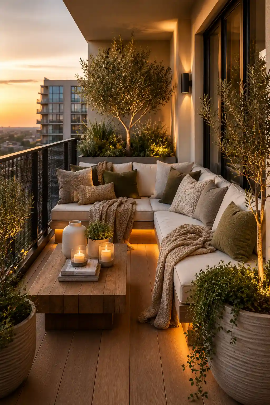 Luxury small apartment balcony with a comfortable outdoor lounge sofa, oversized cream cushions, textured throw pillows, wooden coffee table, natural teak decking, warm ambient lighting, olive trees, ornamental grasses, elegant planters, and a modern city view, showcasing a cozy small balcony seating area with stylish outdoor living inspiration.