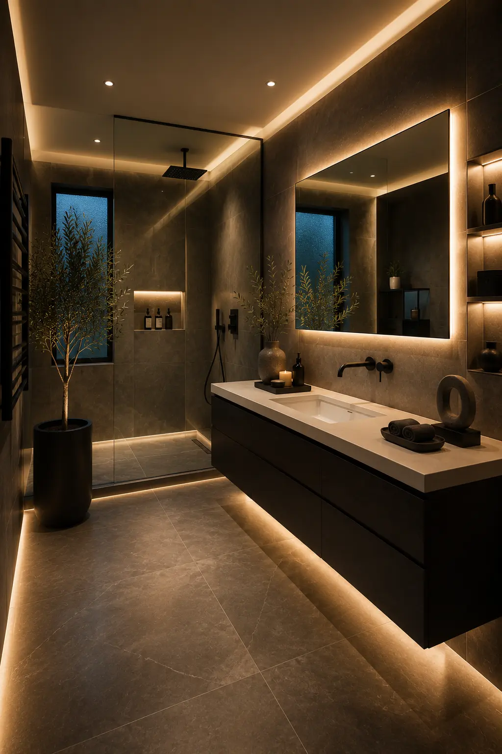 Modern luxury guest bathroom with dramatic layered LED mood lighting, floating matte charcoal vanity, white quartz countertop, oversized illuminated mirror, concealed ceiling cove lighting, under vanity LED strips, frameless glass walk in shower, rainfall showerhead, illuminated shower niche, matte black fixtures, dark stone look porcelain tiles, decorative candles, ceramic accessories, olive tree, and sophisticated boutique hotel guest bathroom design.