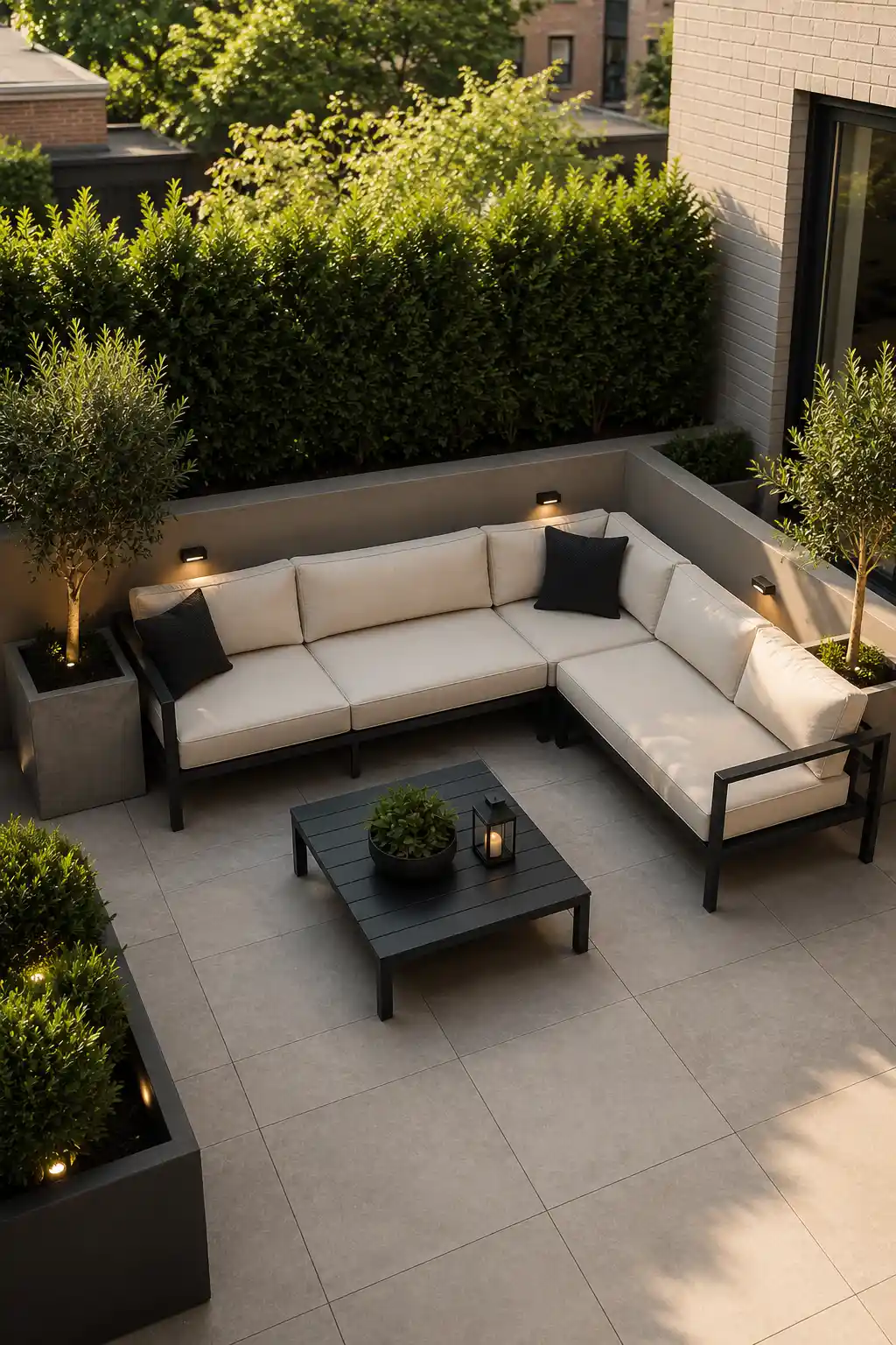 Luxury corner sectional outdoor sofa with slim matte black aluminum frame and plush off white cushions on a stylish small patio featuring a minimalist coffee table, oversized planters, manicured privacy hedges, porcelain tile flooring, integrated landscape lighting, and modern outdoor furniture ideas for compact patio layouts.