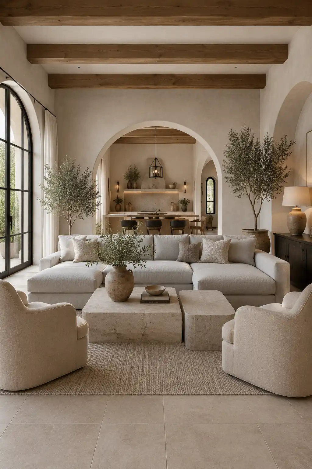 Spanish modern grey couch living room featuring a light grey linen sectional sofa, elegant plaster archways, exposed wood ceiling beams, oversized stone coffee tables, curved accent chairs, black framed arched windows, indoor olive trees, warm neutral décor, textured rug, natural stone finishes, and a luxurious open concept interior with timeless Mediterranean inspired architecture.