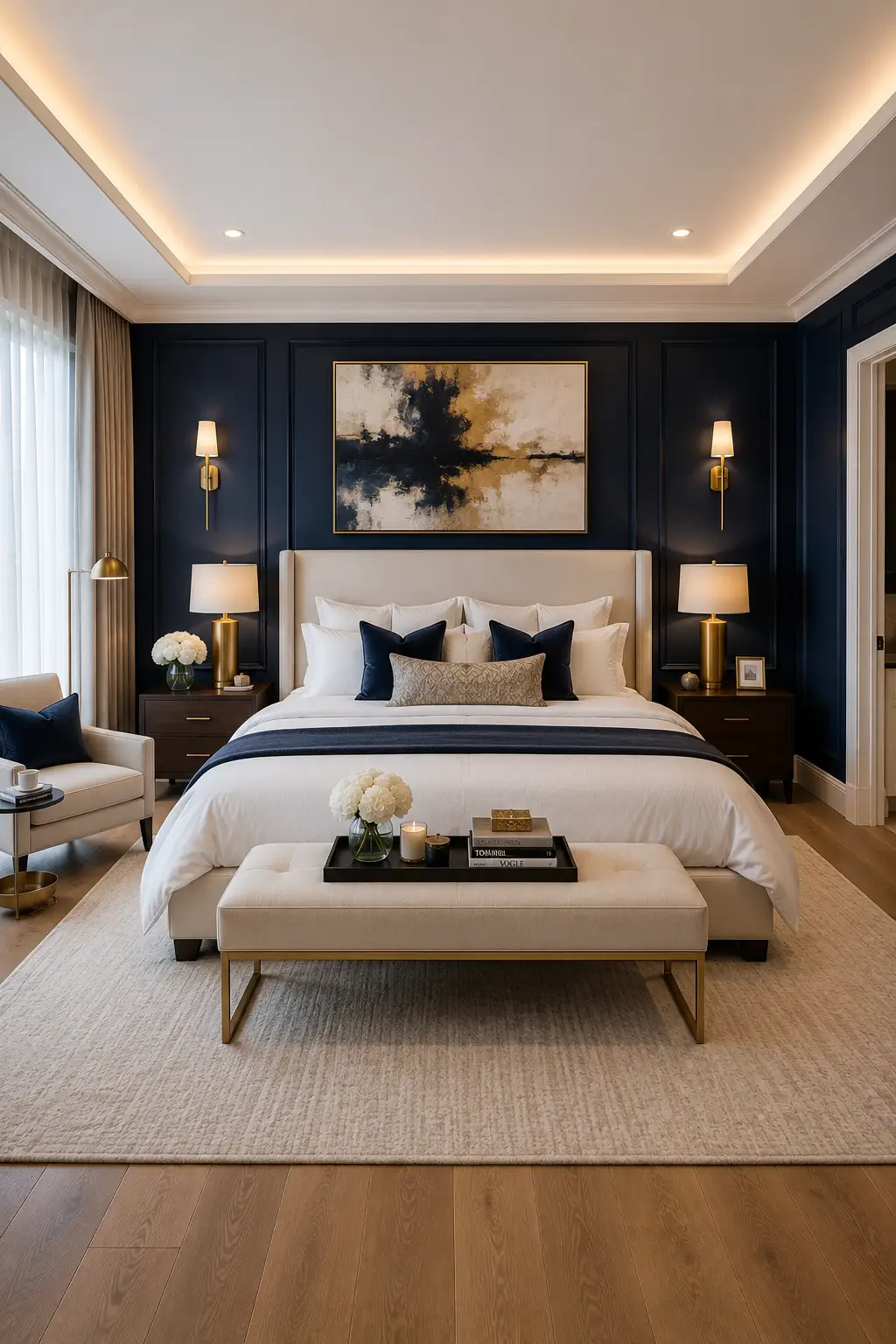 Luxury navy blue accent wall guest bedroom featuring a tall cream upholstered bed with layered white bedding, navy velvet accent pillows, decorative wall panel molding, oversized abstract artwork, brass wall sconces, walnut nightstands, matching table lamps, upholstered bench, plush neutral area rug, warm oak flooring, cozy reading chair, floor to ceiling curtains, soft ambient lighting, and boutique hotel style guest bedroom décor.