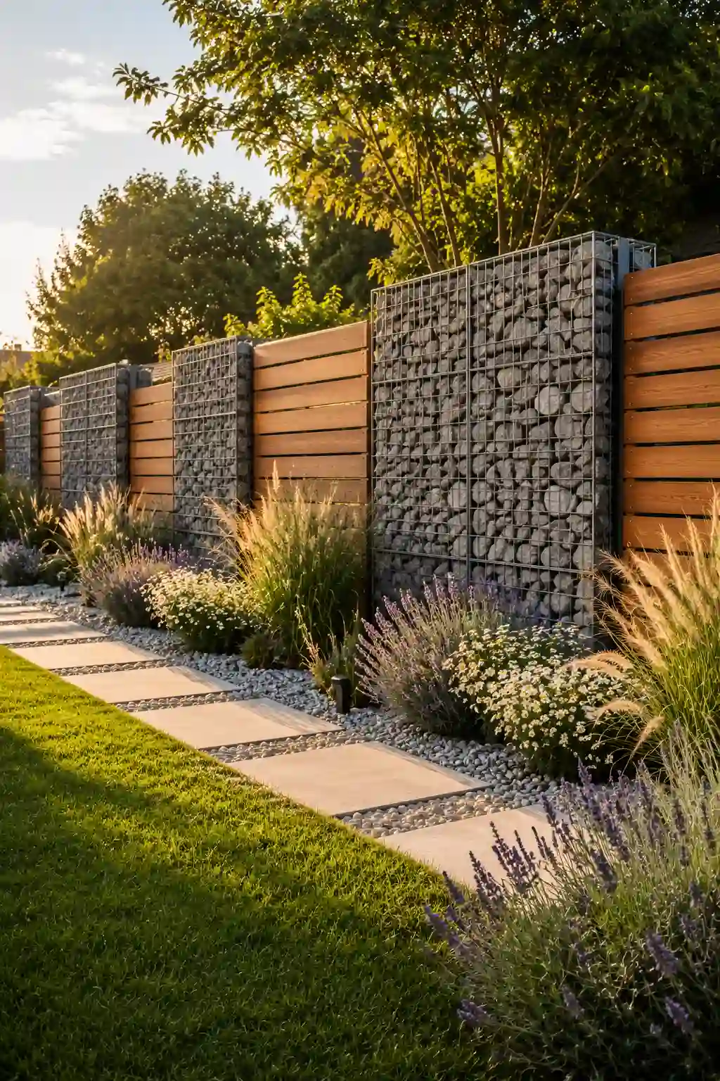 Luxury gabion stone and cedar wood garden fence featuring galvanized stone columns, warm horizontal timber panels, decorative gravel, oversized concrete pavers, ornamental grasses, lavender, white flowering plants, lush green lawn, modern privacy fence design, contemporary backyard landscaping, premium outdoor garden inspiration, stylish stone fence ideas for modern homes.