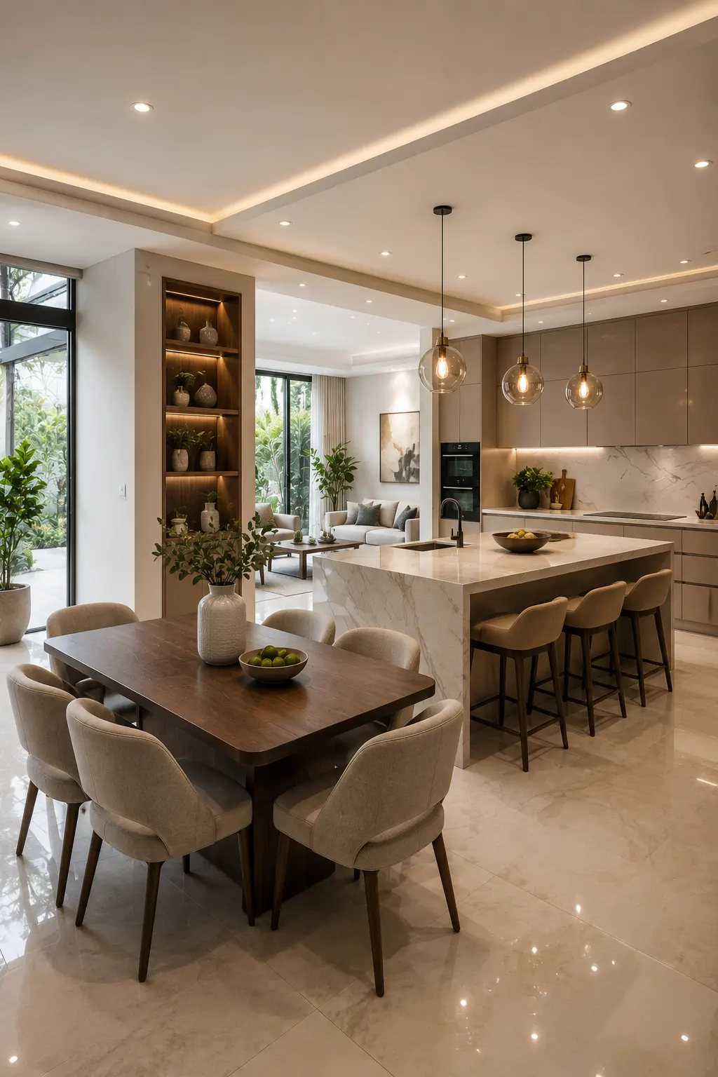 Modern open concept kitchen and dining room with a compact walnut dining table, upholstered chairs, waterfall marble kitchen island, stylish bar stools, pendant lights, custom cabinetry, built in display shelves, polished porcelain flooring, and luxury contemporary home interior with a bright spacious layout.