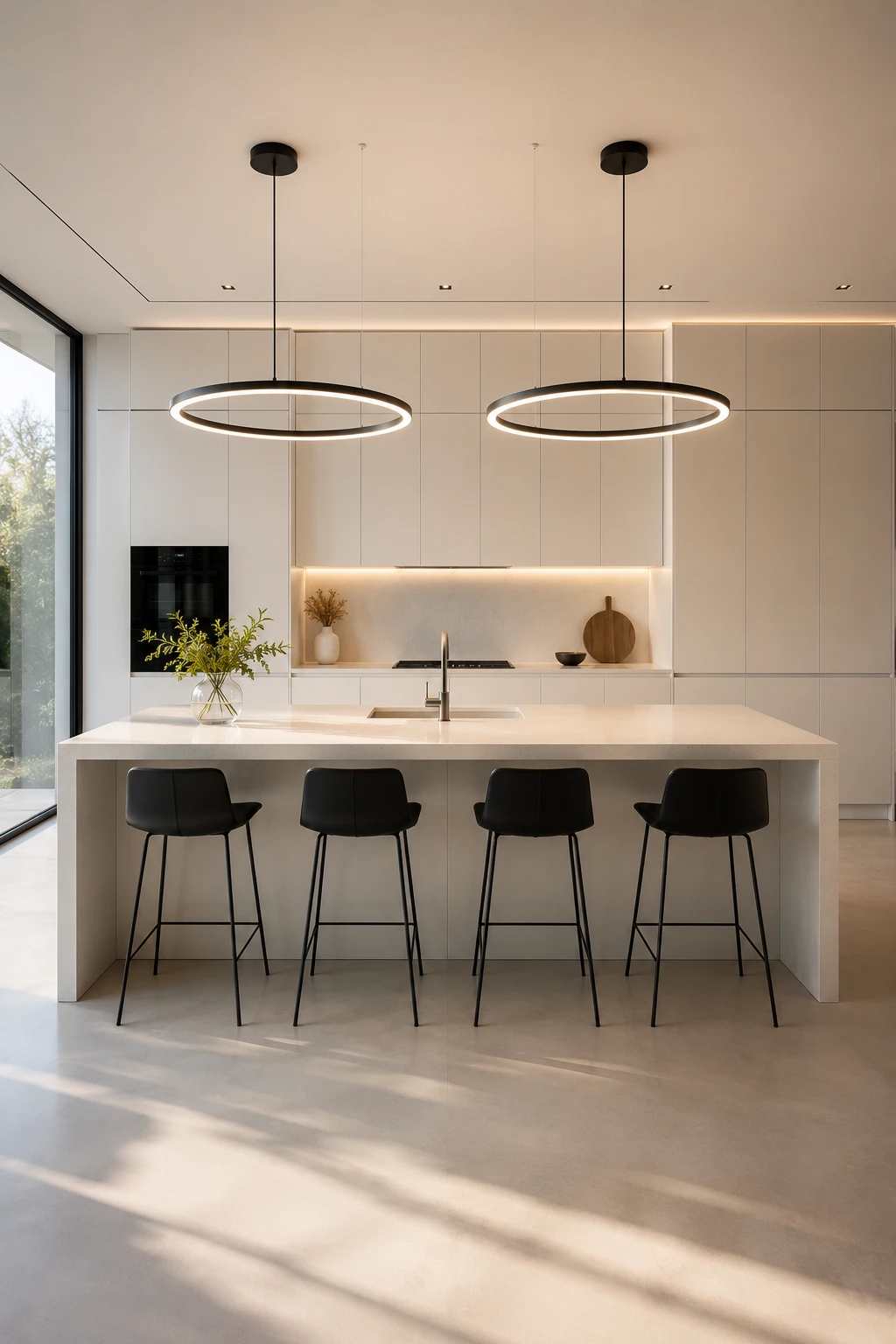 Bright modern white kitchen with oversized floating LED ring pendant lights above a white waterfall kitchen island, seamless handleless cabinets, black counter stools, minimalist luxury kitchen design, recessed ceiling lighting, warm under cabinet LED lighting, large floor to ceiling windows, contemporary kitchen island lighting ideas, sculptural ring pendant lights, modern white kitchen inspiration, elegant minimalist kitchen decor, luxury home kitchen interior