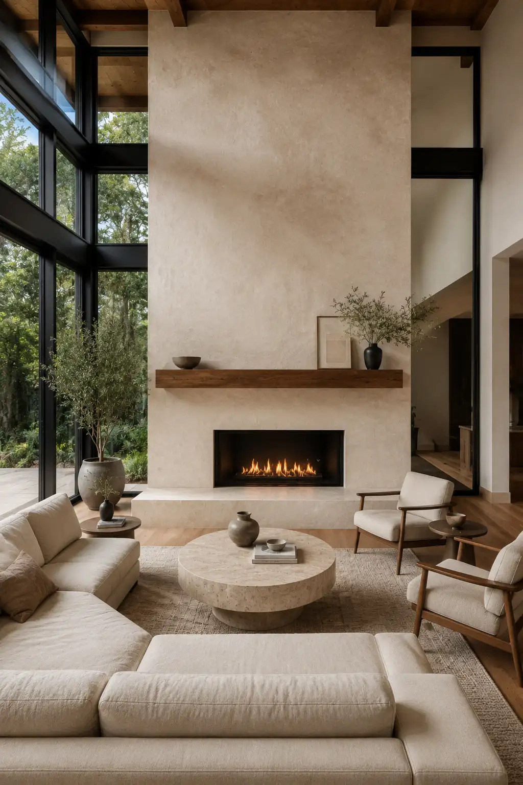 Luxury mid century modern living room with a tall minimalist plaster fireplace, floating walnut mantel, cream sectional sofa, round travertine coffee table, walnut accent chairs, floor to ceiling black framed windows, warm oak flooring, textured neutral rug, organic modern styling, elegant fireplace design, timeless living room inspiration, high end contemporary home decor.