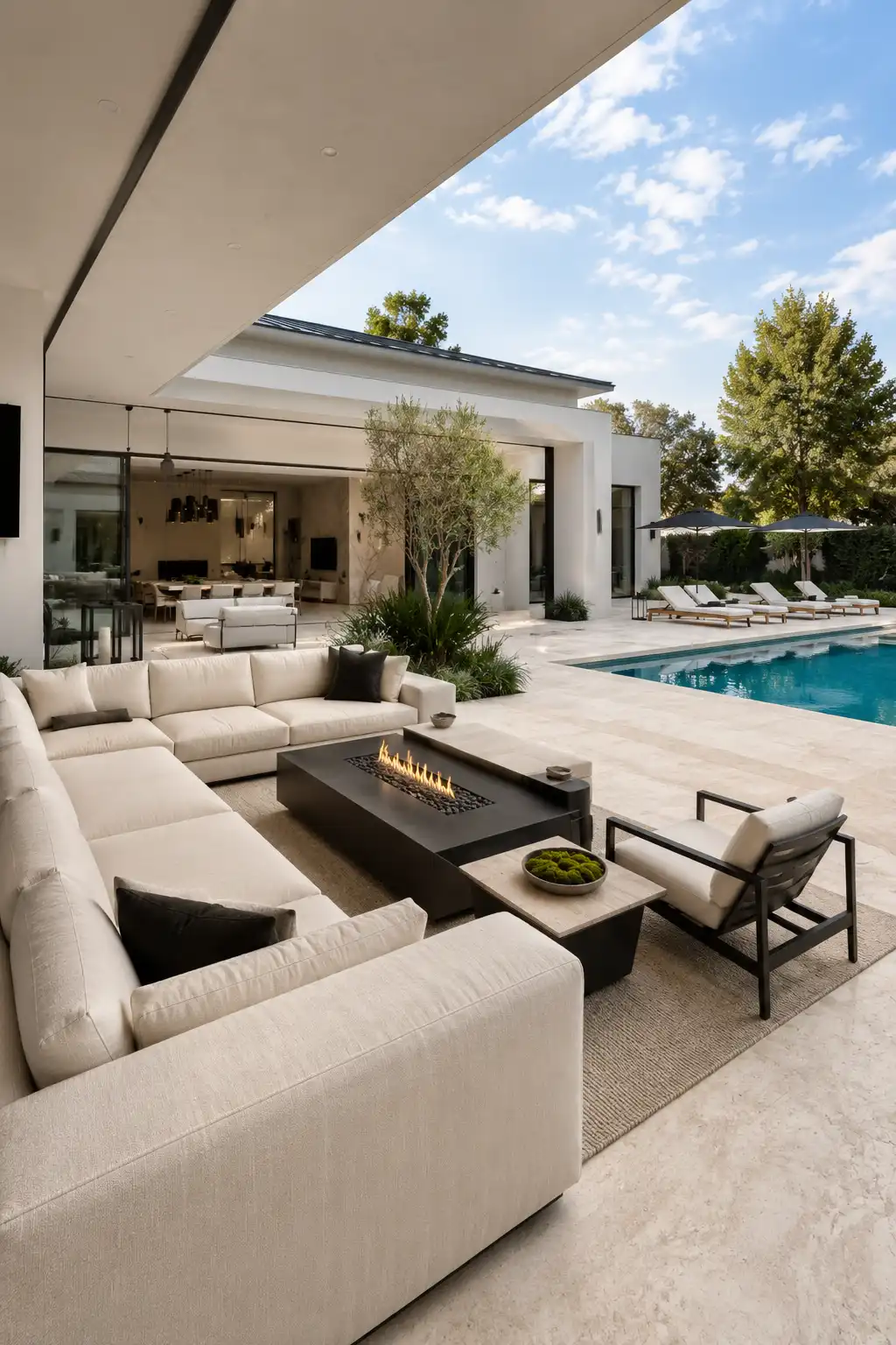 Modern luxury backyard with covered outdoor lounge, oversized sectional sofa, sleek linear fire table, expansive cream limestone pool terrace, contemporary white home with retractable glass walls, elegant swimming pool, olive trees, minimalist landscaping, premium outdoor furniture, seamless indoor outdoor living, luxury poolside seating area, sophisticated backyard entertaining space, resort inspired outdoor design for modern homes.