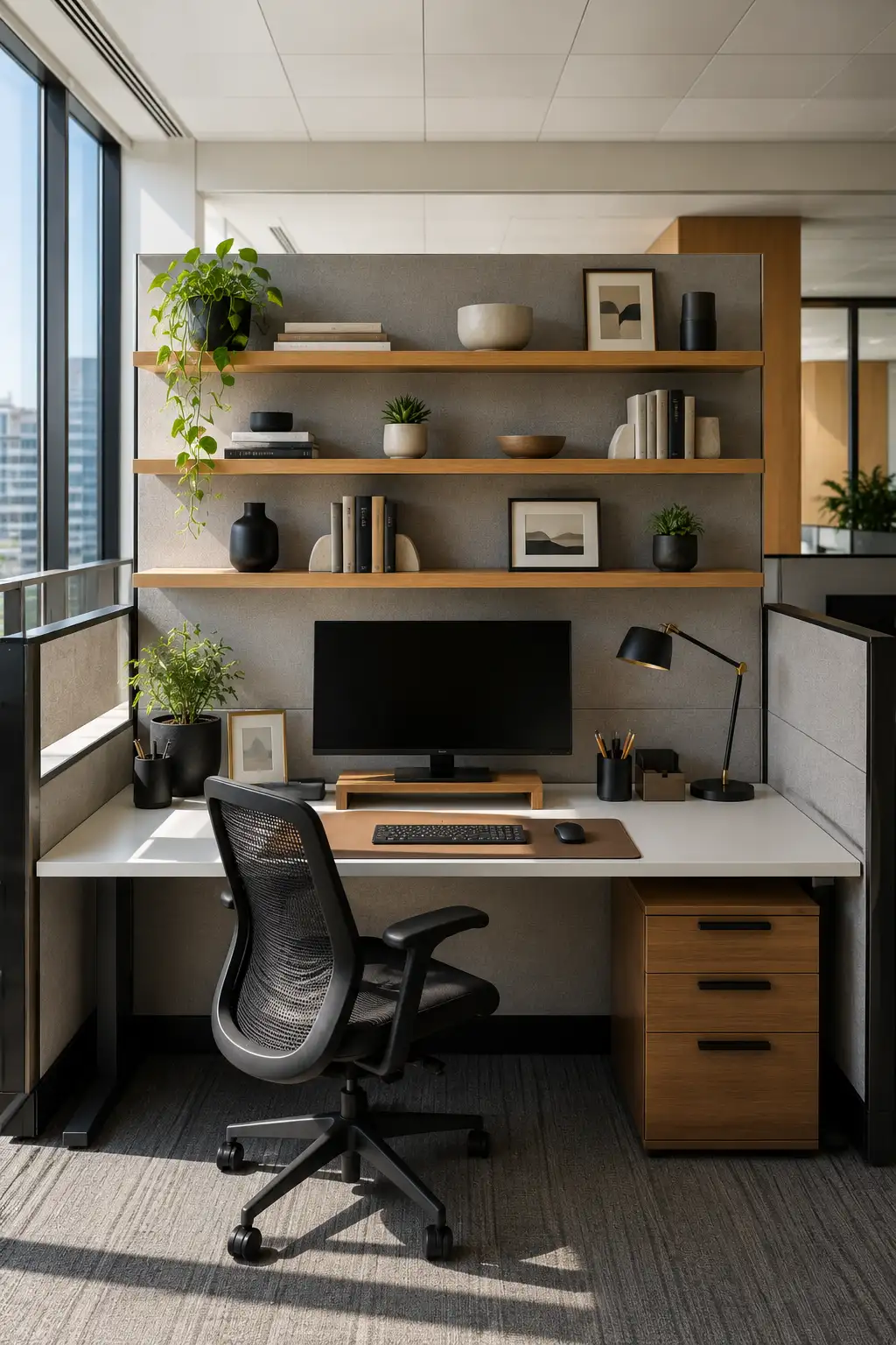 Modern cubicle decor ideas with floating wooden wall shelves, decorative books, ceramic vases, indoor plants, framed artwork, ergonomic office chair, minimalist office desk, neutral workspace decor, luxury office organization, stylish shelving, and contemporary cubicle inspiration for a productive workspace.