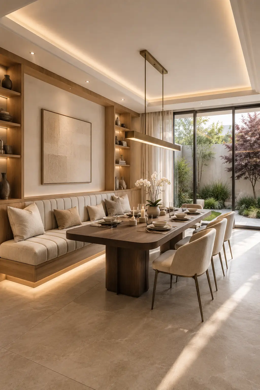 Modern luxury dining room with custom built banquette seating, floating walnut dining table, upholstered dining chairs, warm LED accent lighting, built in shelving, oversized abstract wall art, floor to ceiling glass windows, porcelain flooring, and elegant contemporary interior design perfect for modern family homes.