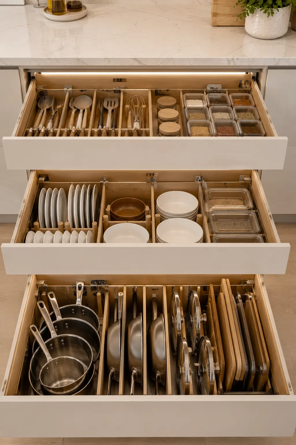 Luxury deep kitchen storage drawers with custom wood organizers, organized pots and pans, dinner plates, bowls, kitchen utensils, spice containers, integrated LED drawer lighting, premium soft close drawers, modern white kitchen cabinetry, custom drawer organization system, space saving kitchen storage ideas, luxury small kitchen drawer organization for maximum efficiency.