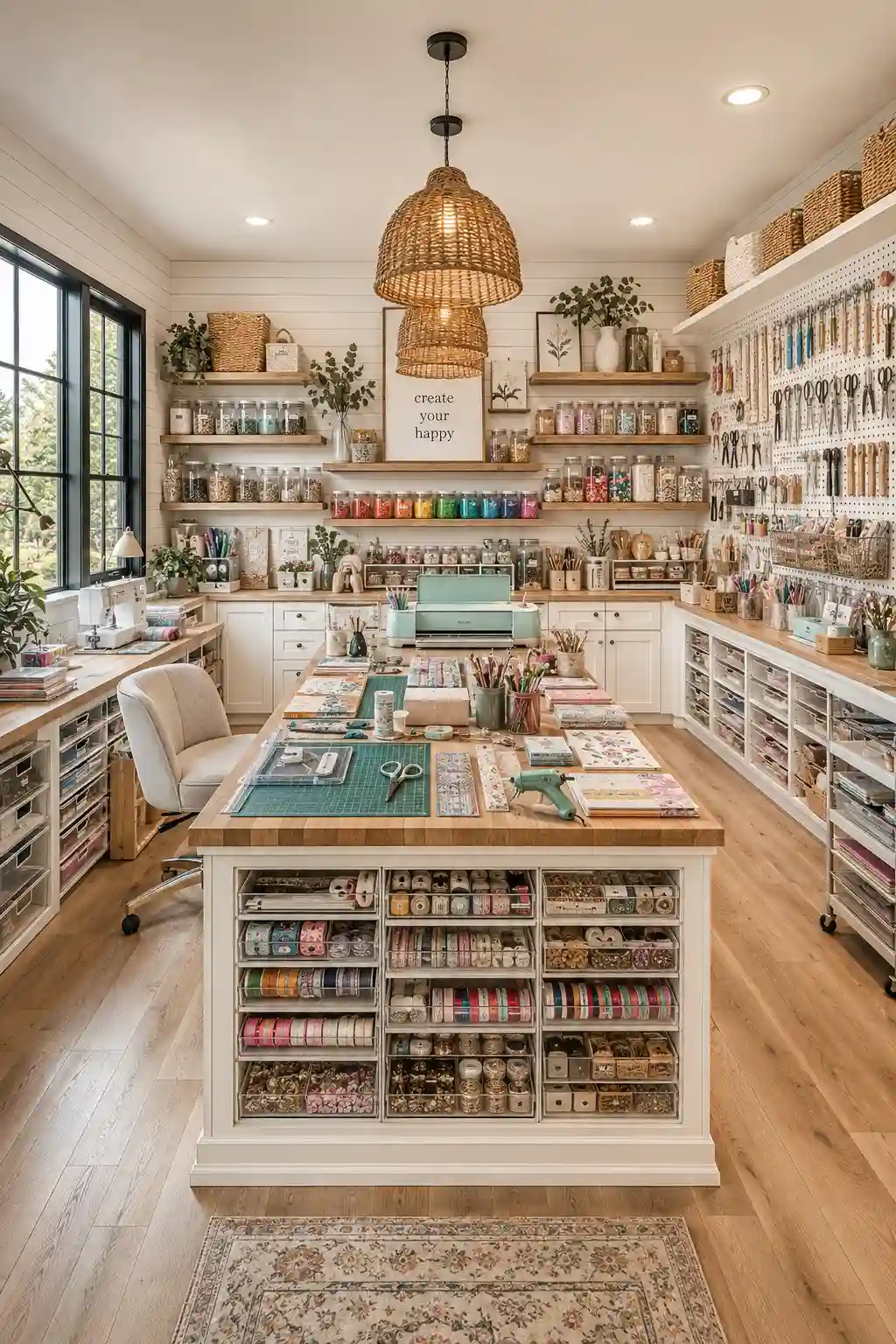 Bright luxury craft room hobby space featuring a large center craft island with built in drawers, organized pegboard wall, clear storage bins, labeled craft supplies, colorful ribbon collection, vinyl rolls, cutting machine workstation, floating shelves, rolling storage carts, natural wood cabinetry, white shaker cabinets, oversized windows, woven pendant lighting, organized DIY workspace, creative hobby room ideas, stylish craft room organization, modern craft studio inspiration, functional home craft room design.