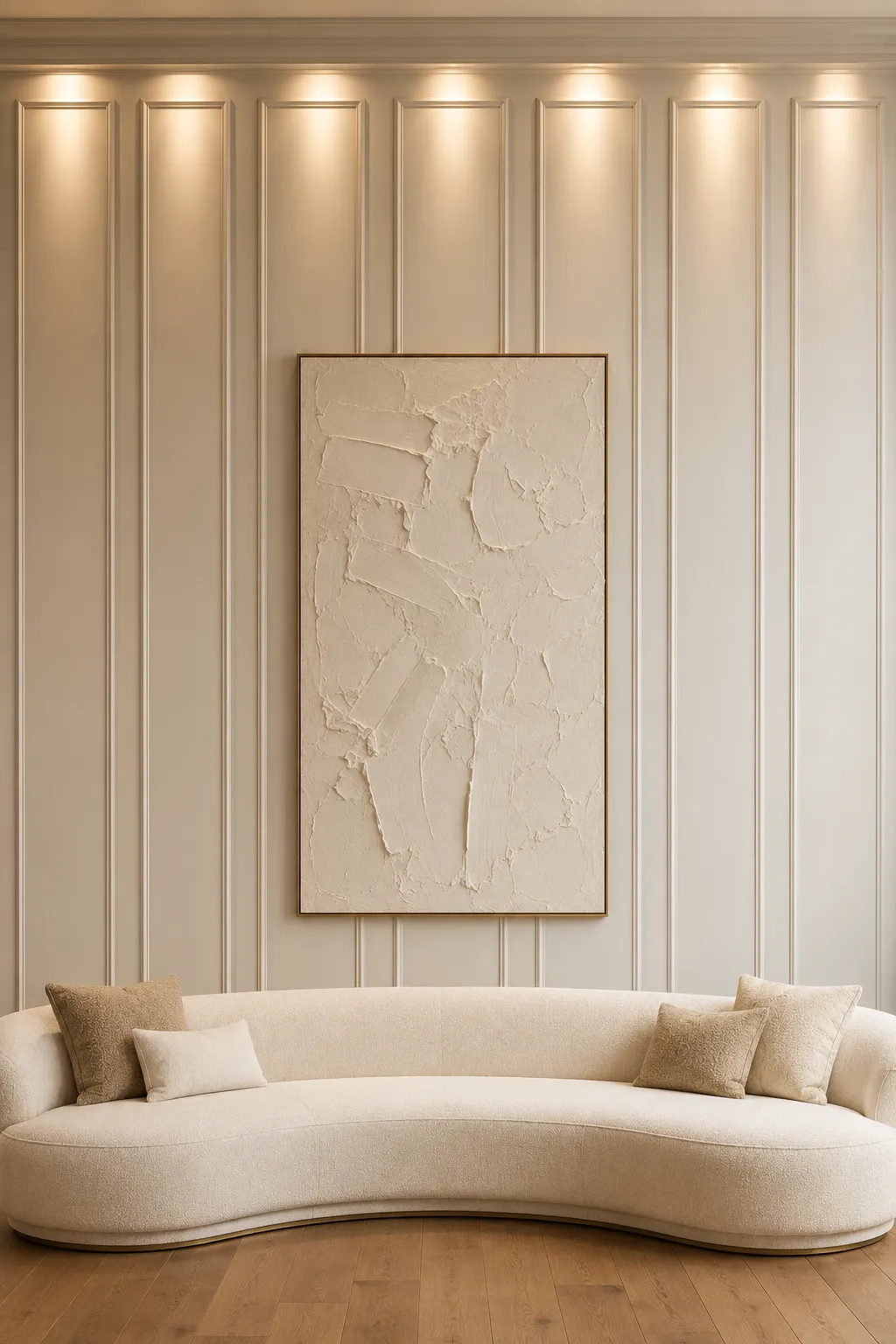 Modern living room with floor to ceiling vertical wall molding, tall architectural wall panels, oversized textured canvas artwork, warm recessed ceiling lighting, curved ivory sofa, neutral color palette, and elegant custom wall molding designed to make ceilings appear taller.
