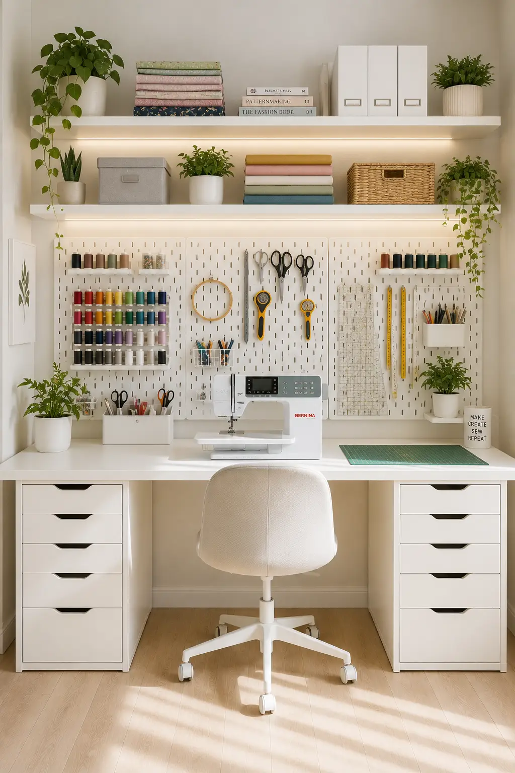 Beautiful small sewing room organization featuring a large pegboard wall filled with sewing tools, scissors, rulers, rotary cutters, thread storage, floating shelves, custom built sewing desk, colorful fabric storage, warm lighting, and clever craft room storage ideas for maximizing every inch of space.
