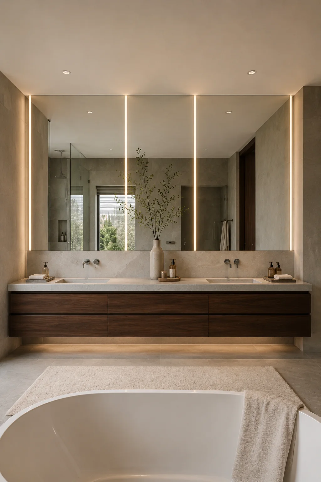 Modern wall to wall double bathroom vanity featuring dark walnut floating cabinets, two integrated sinks, a full width mirror with vertical LED lighting, warm stone surfaces, a freestanding bathtub, and elegant luxury bathroom interiors.