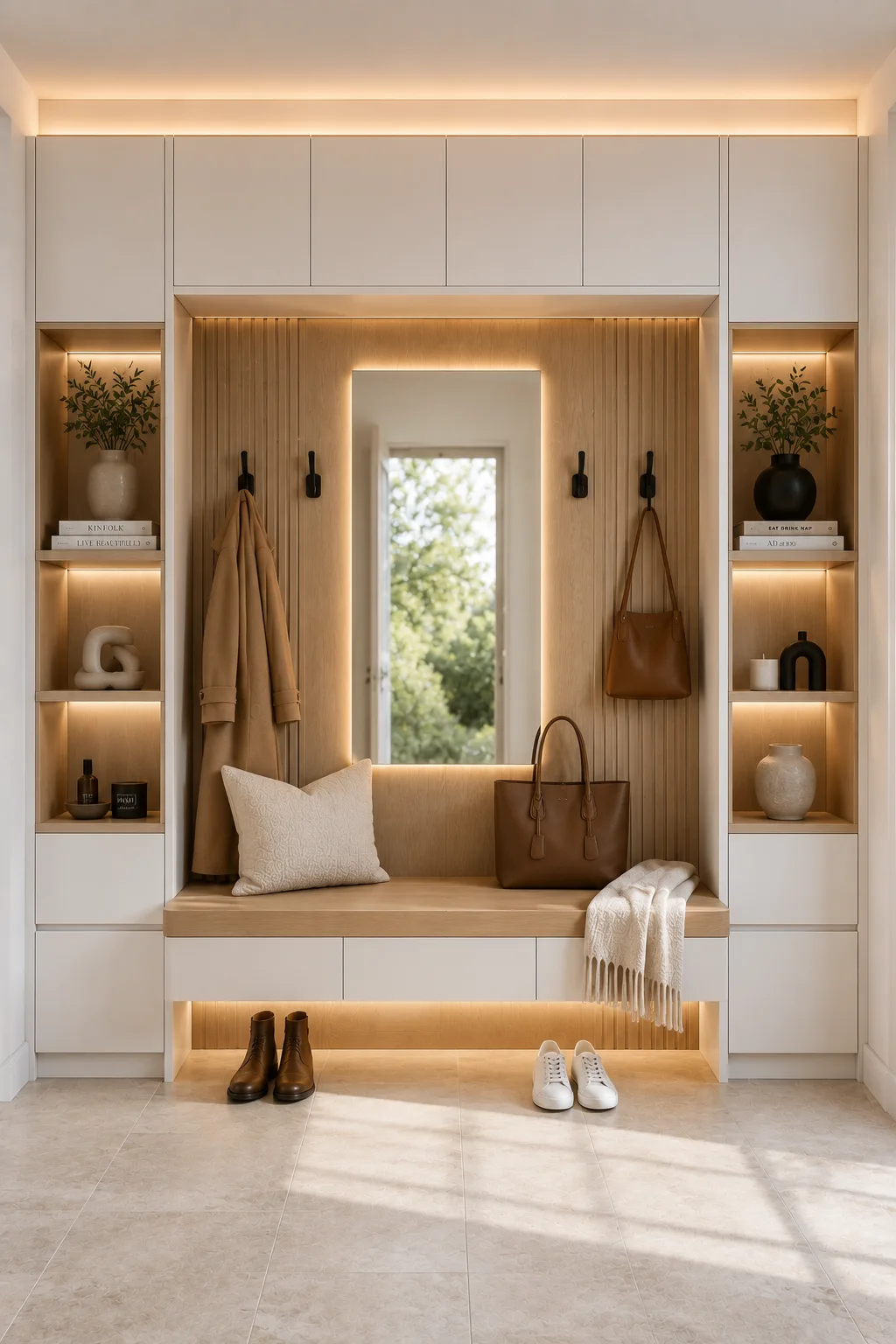 Luxury IKEA mudroom featuring a fluted wood accent wall, illuminated full length mirror, floating storage bench, custom floor to ceiling cabinets, open display niches, matte black hooks, warm ambient lighting, and elegant entryway organization for modern family homes.
