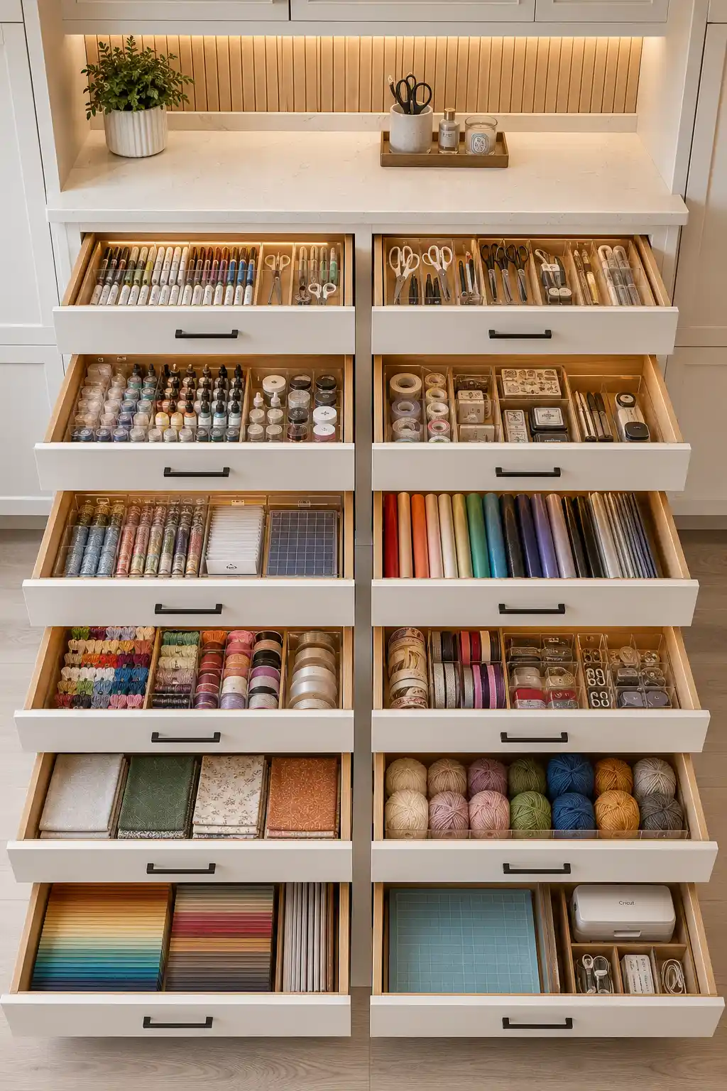 Modern craft room with custom pull out storage drawers fully extended, showcasing organized markers, scissors, paints, vinyl rolls, ribbons, fabric, cardstock, yarn, Cricut accessories, acrylic drawer dividers, labeled compartments, soft close cabinetry, and luxury craft room storage ideas that make supplies easy to find while keeping the workspace clutter free.
