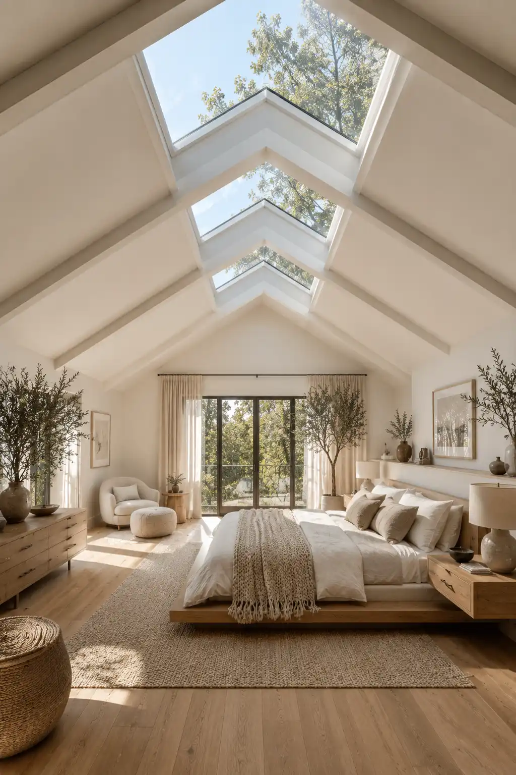 Bright luxury attic bedroom with a white slanted ceiling featuring three oversized skylights, modern vaulted ceiling design filled with natural sunlight, minimalist platform bed with layered neutral bedding, Scandinavian style bedroom, light oak flooring, soft textured rug, floating nightstands, indoor olive trees, airy loft bedroom inspiration, elegant sloped ceiling bedroom with skylights and contemporary architectural design.