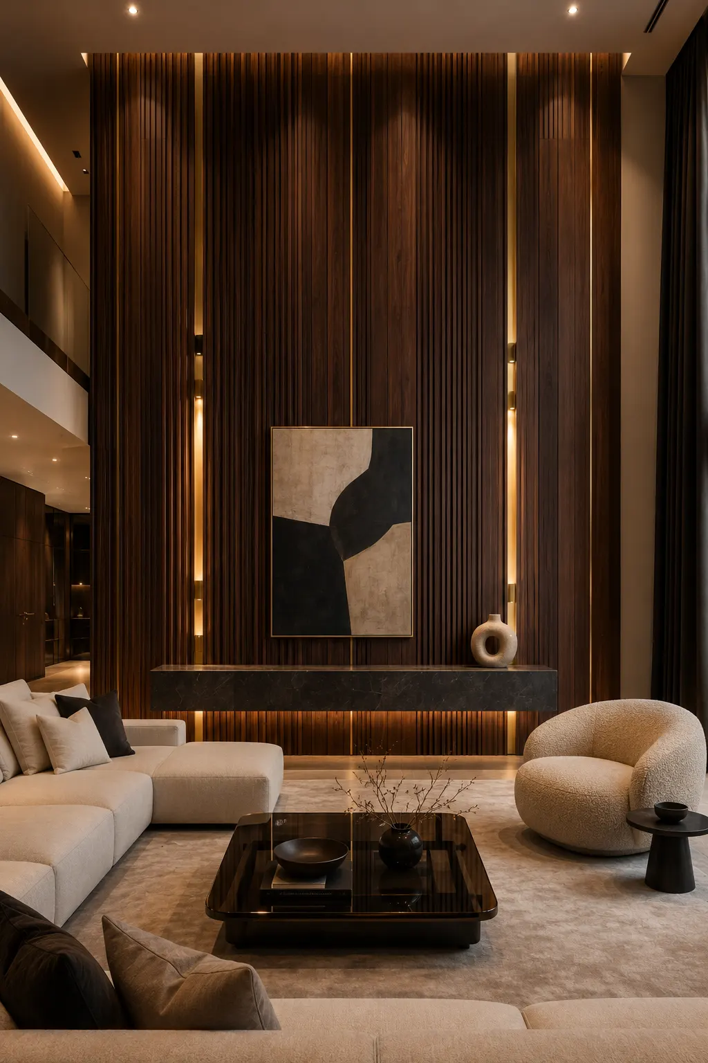 Modern luxury high ceiling living room featuring a floor to ceiling dark walnut fluted wall, slim vertical accent lighting, oversized neutral abstract artwork, floating black stone console, cream sectional sofa, sculptural boucle chair, and sophisticated warm neutral decor.