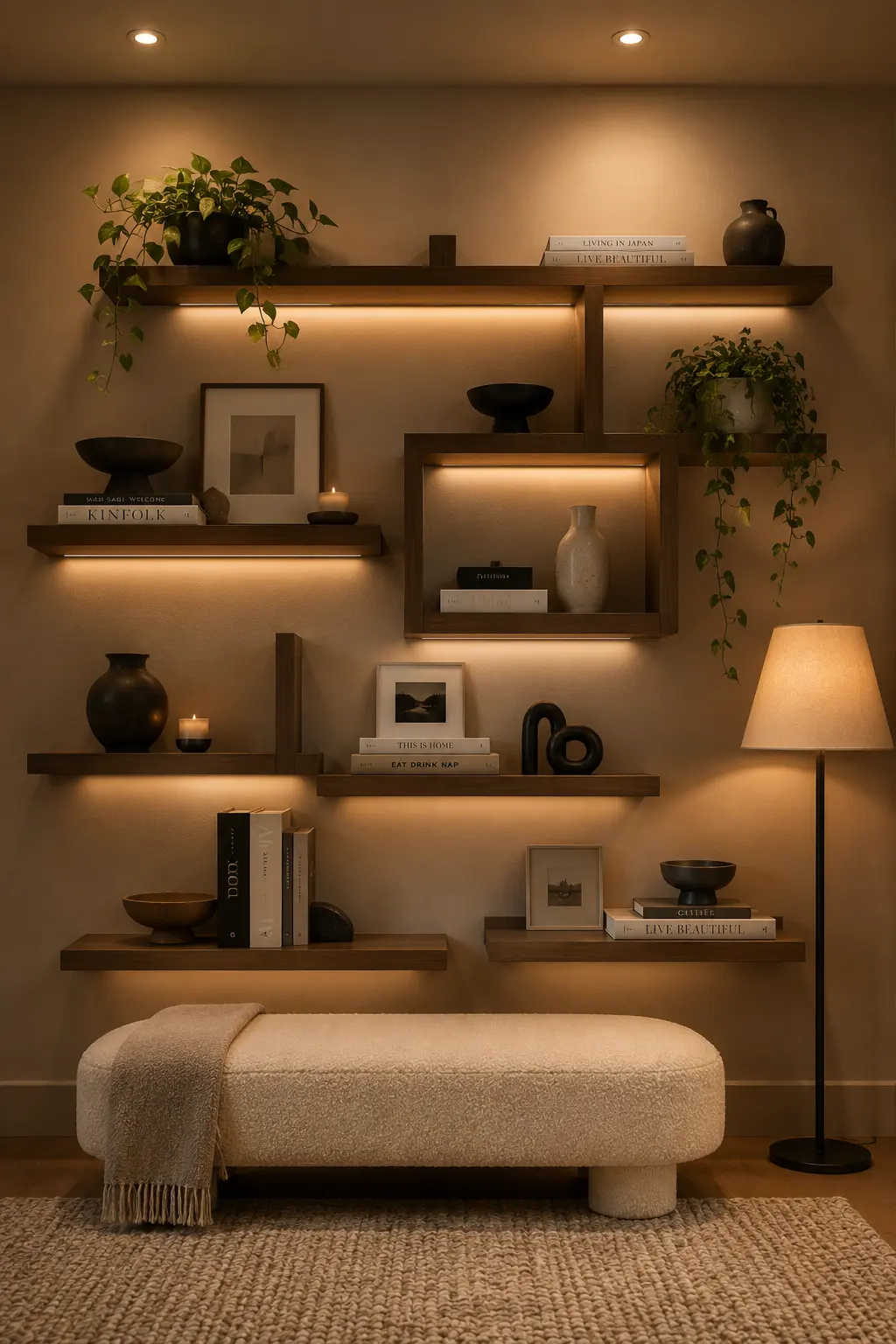 Modern asymmetrical floating bookshelves in dark wood arranged across a warm neutral wall, styled with stacked books, framed artwork, black ceramic decor, candles, trailing indoor plants, warm under shelf lighting, and a soft cream boucle bench.