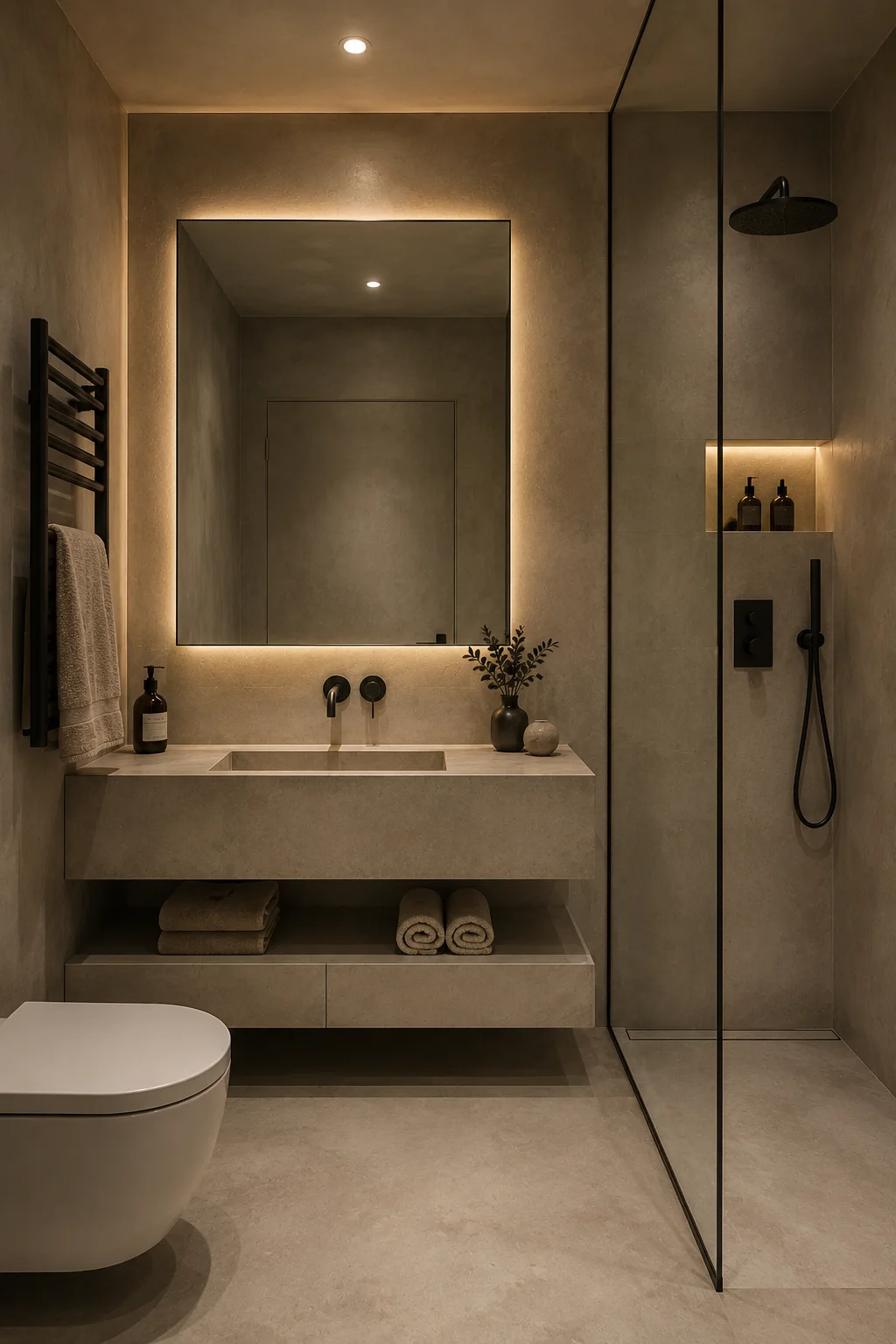 Minimalist small bathroom with seamless warm greige microcement walls, a floating concrete style vanity, integrated rectangular sink, oversized LED backlit mirror, matte black fixtures, frameless glass walk in shower, illuminated shower niche, folded towels, and warm layered lighting.