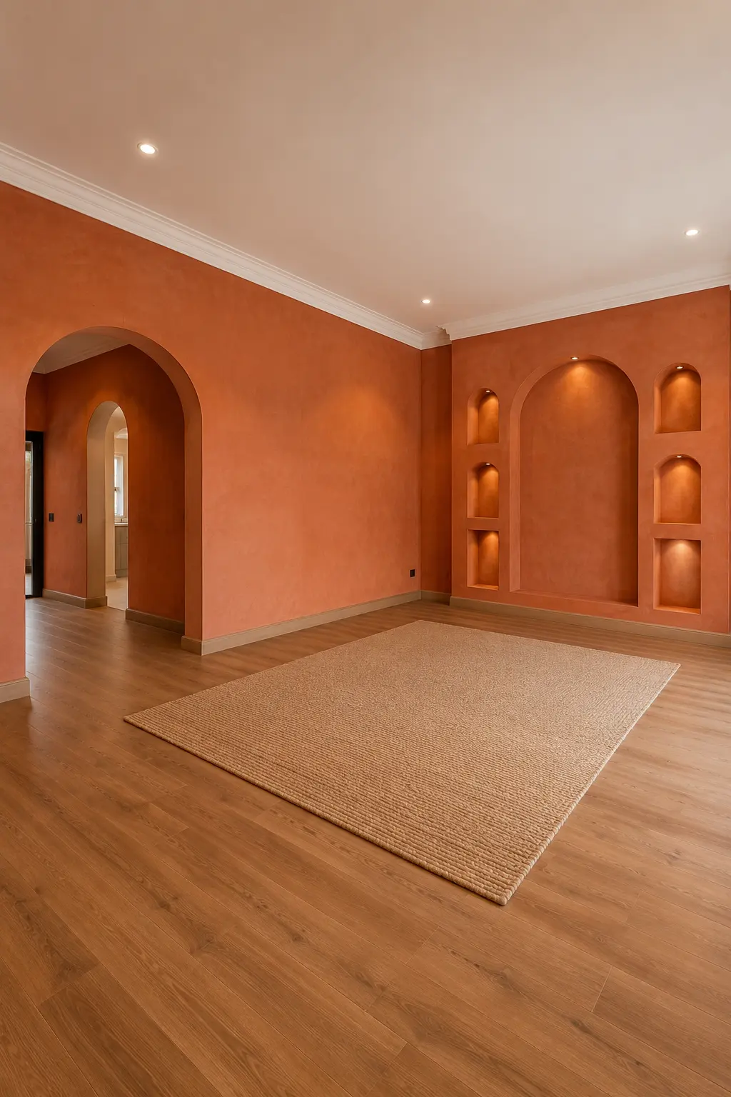 Empty Mediterranean style living room with sun washed terracotta painted walls, warm clay orange tones, large arched doorways, built in illuminated wall niches, natural wood flooring, and a textured neutral area rug.