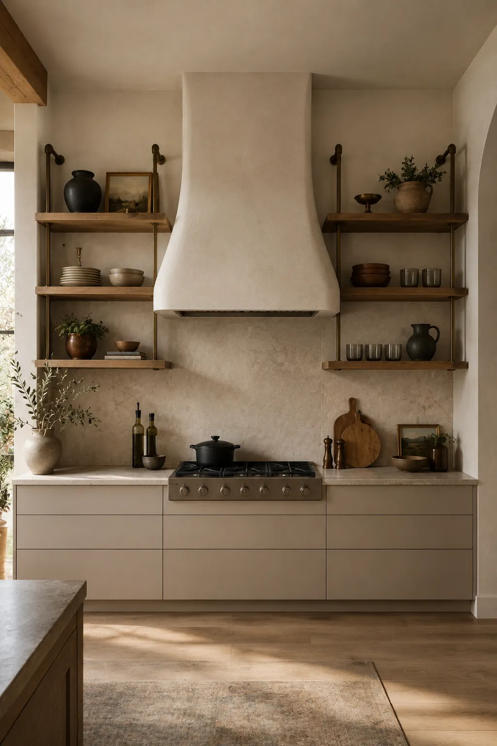 Warm neutral modern kitchen featuring symmetrical wood open shelves on both sides of a sculptural plaster range hood, styled with stacked ceramic plates, earthy pottery, dark glassware, framed artwork, small plants, stone backsplash, beige cabinetry, and a professional range.