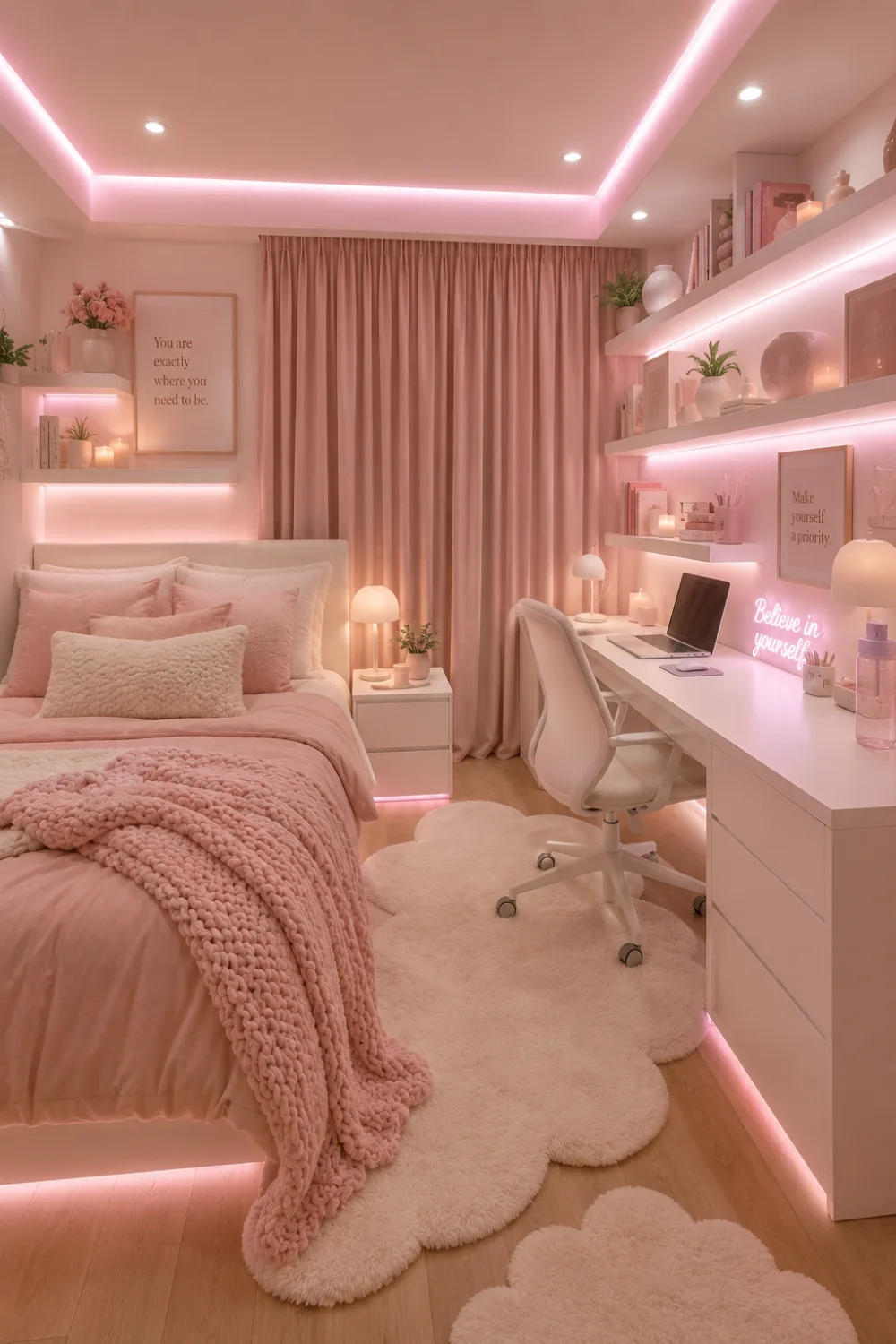 Coquette pink dorm room with blush bedding, fluffy pillows, soft knit blanket, glowing pink LED ceiling lights, floating shelves, white study desk, cozy office chair, aesthetic wall art, blush curtains, decorative candles, and romantic college dorm room décor inspiration.