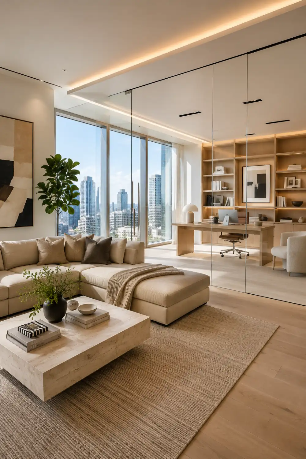 Frameless floor to ceiling glass partition separating a luxury living room and home office with panoramic city views, marble coffee table, neutral sectional sofa, built in shelving, natural daylight, open concept design, and modern minimalist interior.