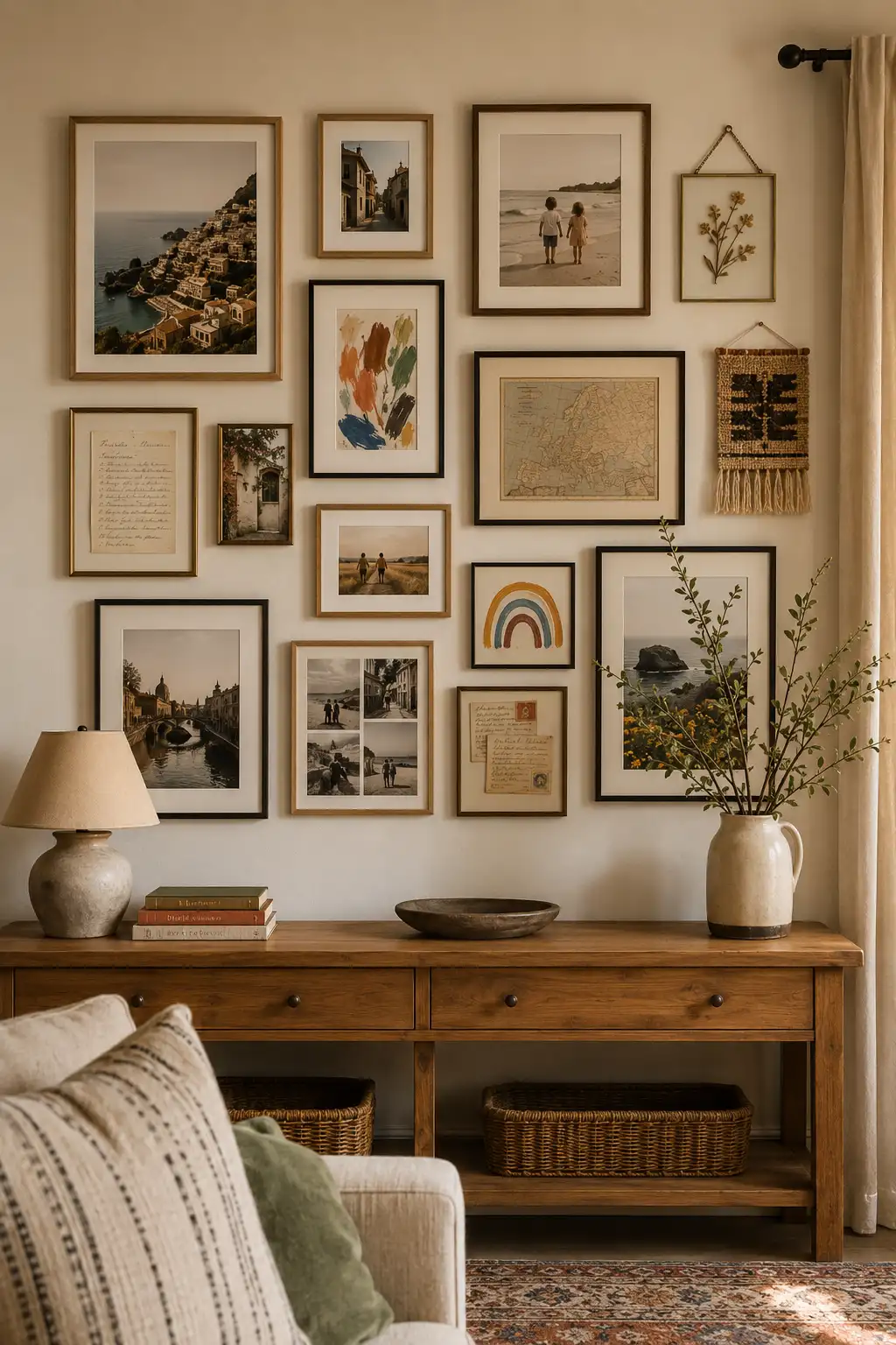 Warm personalized memory wall featuring framed travel photography, family memories, children’s artwork, vintage postcards, an antique map, pressed flowers, and woven textile art arranged above a rustic wood console table with ceramics, books, baskets, and natural branches.
