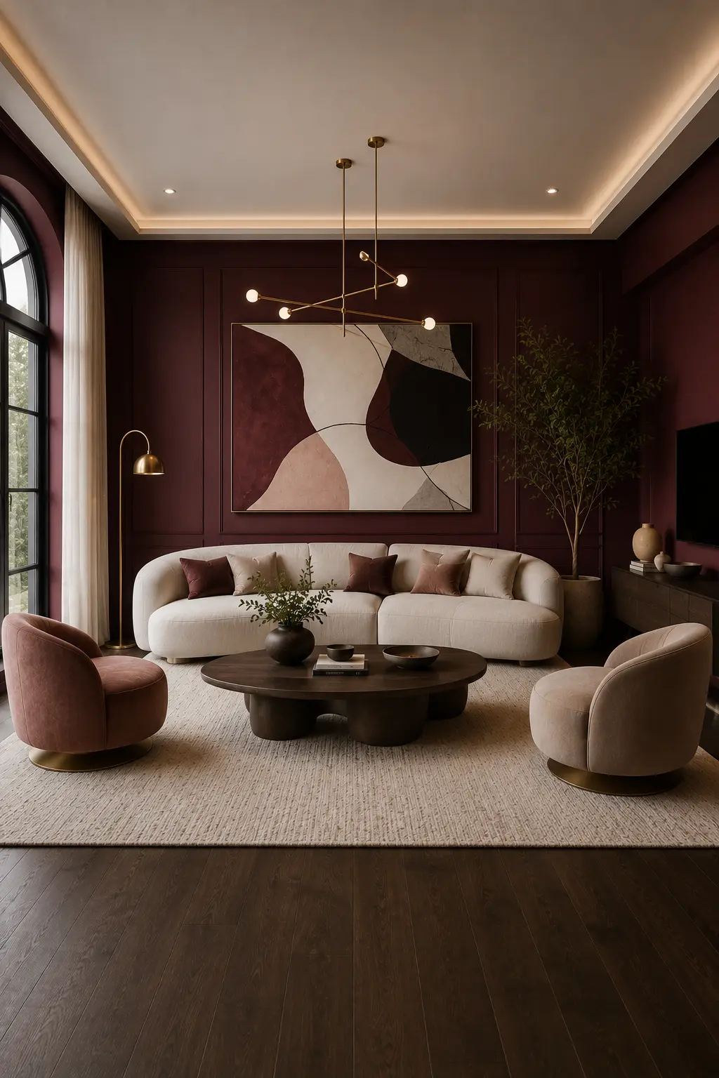 Luxurious modern living room with rich burgundy painted walls, a curved ivory sofa, soft blush and beige accent chairs, a dark wood coffee table, cream textured rug, large abstract artwork, brass lighting, and warm natural light from tall windows.