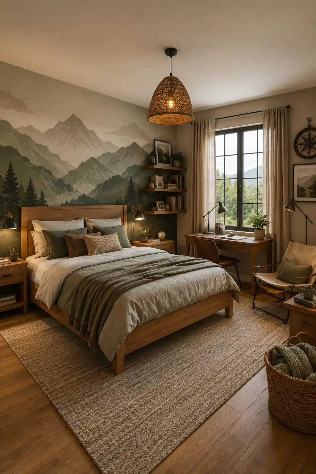 Adventure inspired boys’ bedroom featuring a large mountain mural, natural wood bed, sage green and neutral bedding, woven pendant light, cozy reading chair, wooden study desk, floating shelves, textured area rug, warm wood flooring, and soft natural window light.