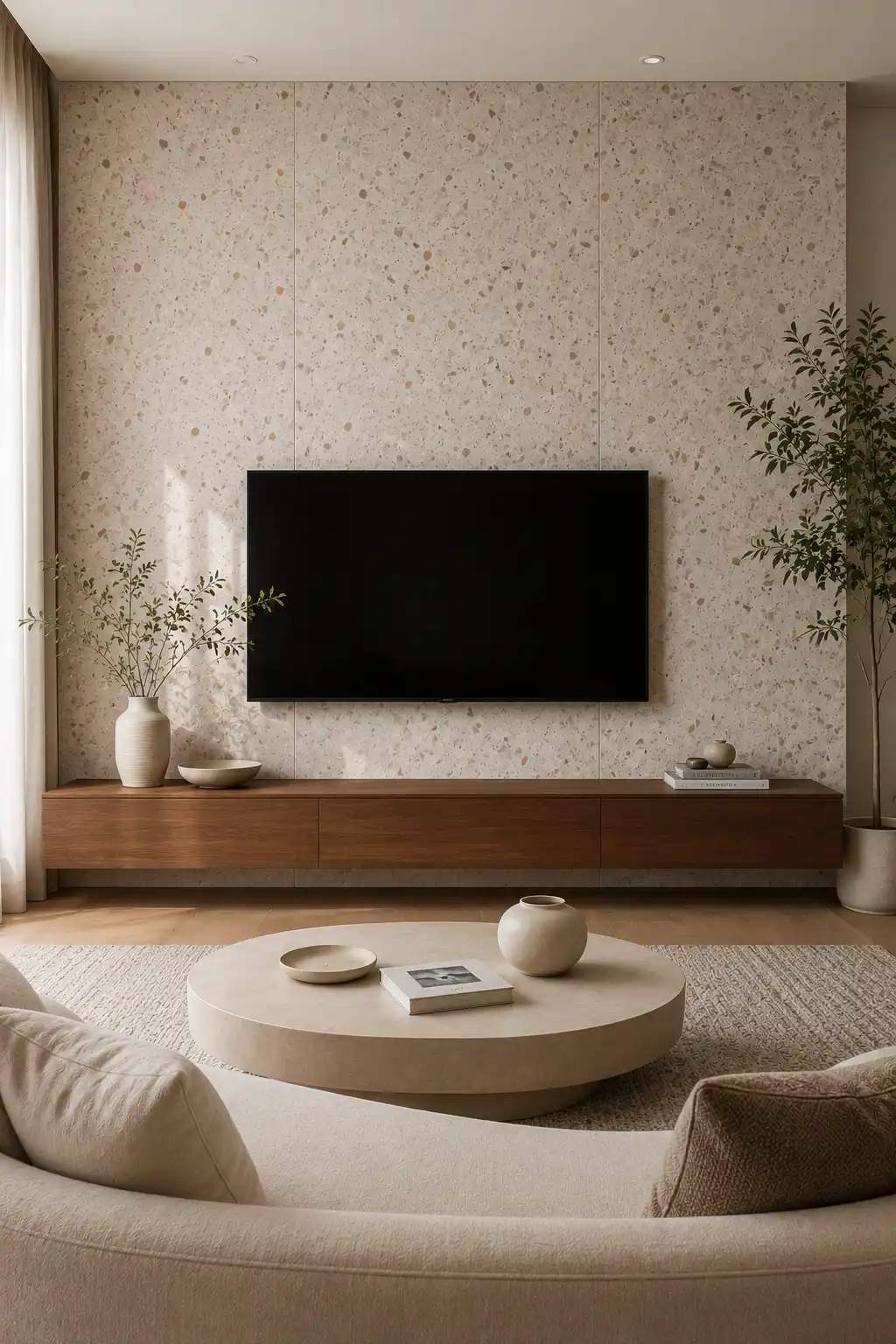 Modern terrazzo TV wall featuring a light cream surface with subtle beige and earthy mineral chips, a large wall mounted television, warm walnut floating console, curved cream seating, round coffee table, neutral textured rug, and organic living room decor.