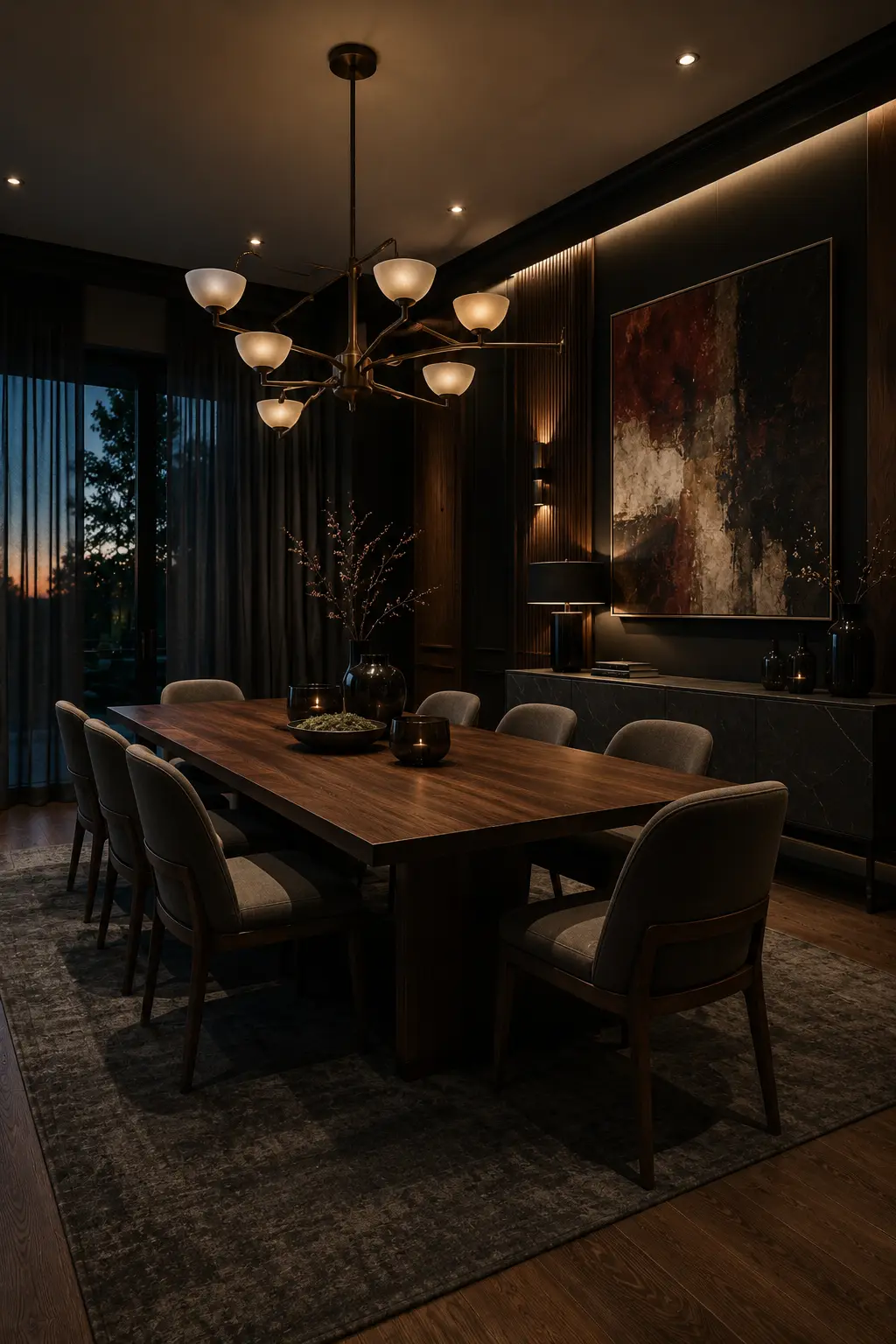 Dark moody dining room featuring a rich walnut rectangular dining table, dark upholstered chairs, deep charcoal walls, dramatic oversized abstract artwork, sculptural bronze chandelier with glowing glass shades, dark sideboard, floor to ceiling curtains, and layered warm ambient lighting.