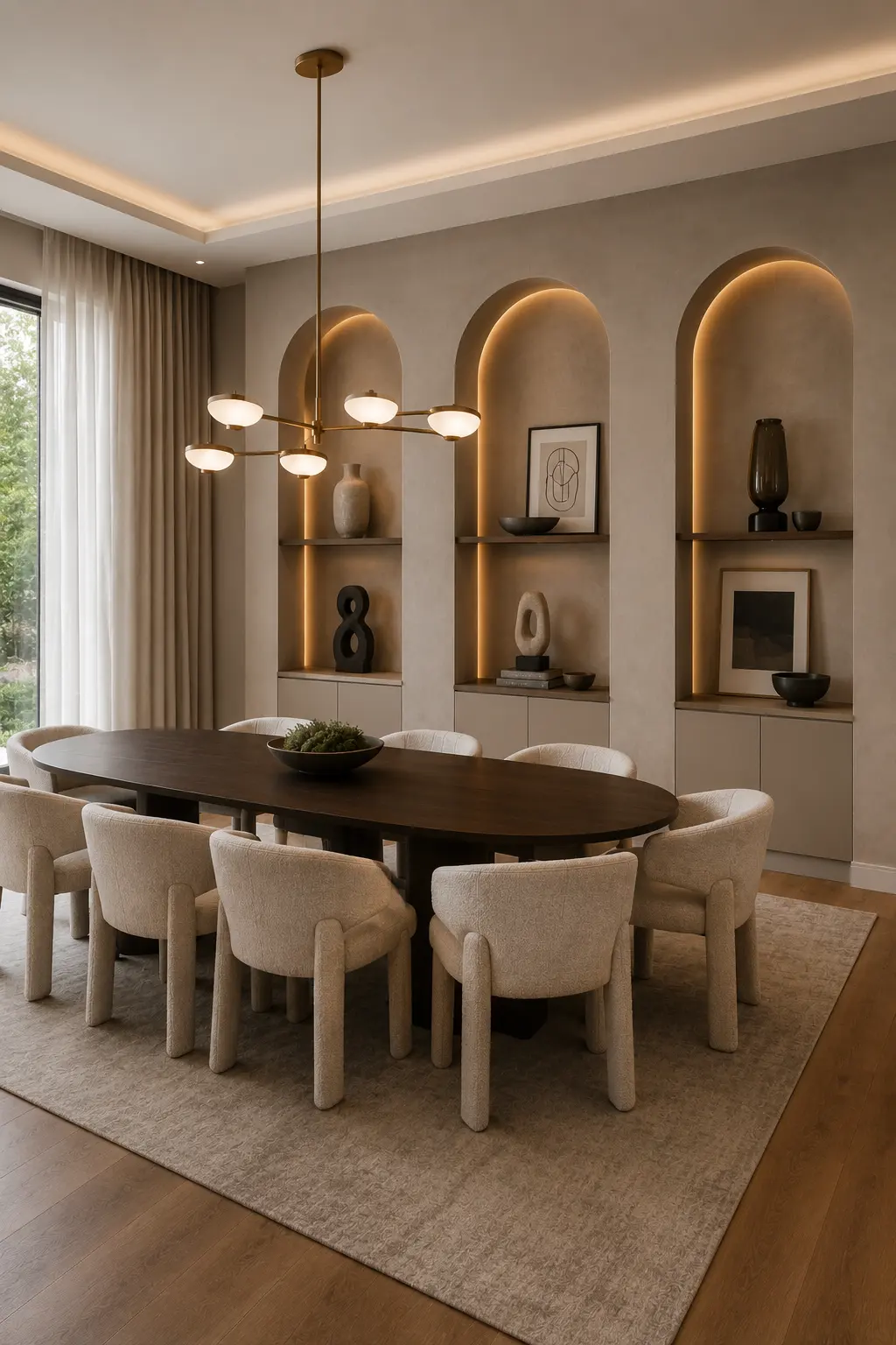 Contemporary dining room featuring three tall arched wall niches with warm concealed lighting, curated sculptures and framed artwork, built in storage cabinets, dark oval dining table, cream textured chairs, and modern statement lighting.