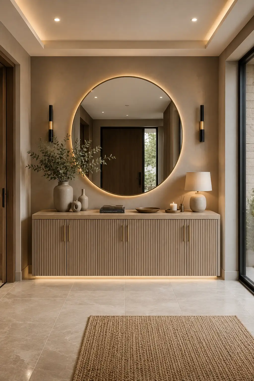 DIY fluted entryway console cabinet featuring matte taupe cabinetry, natural oak countertop, brushed brass handles, oversized round backlit mirror, ceramic vases, designer books, candles, decorative tray, warm neutral walls, porcelain flooring, and a stylish contemporary entryway.
