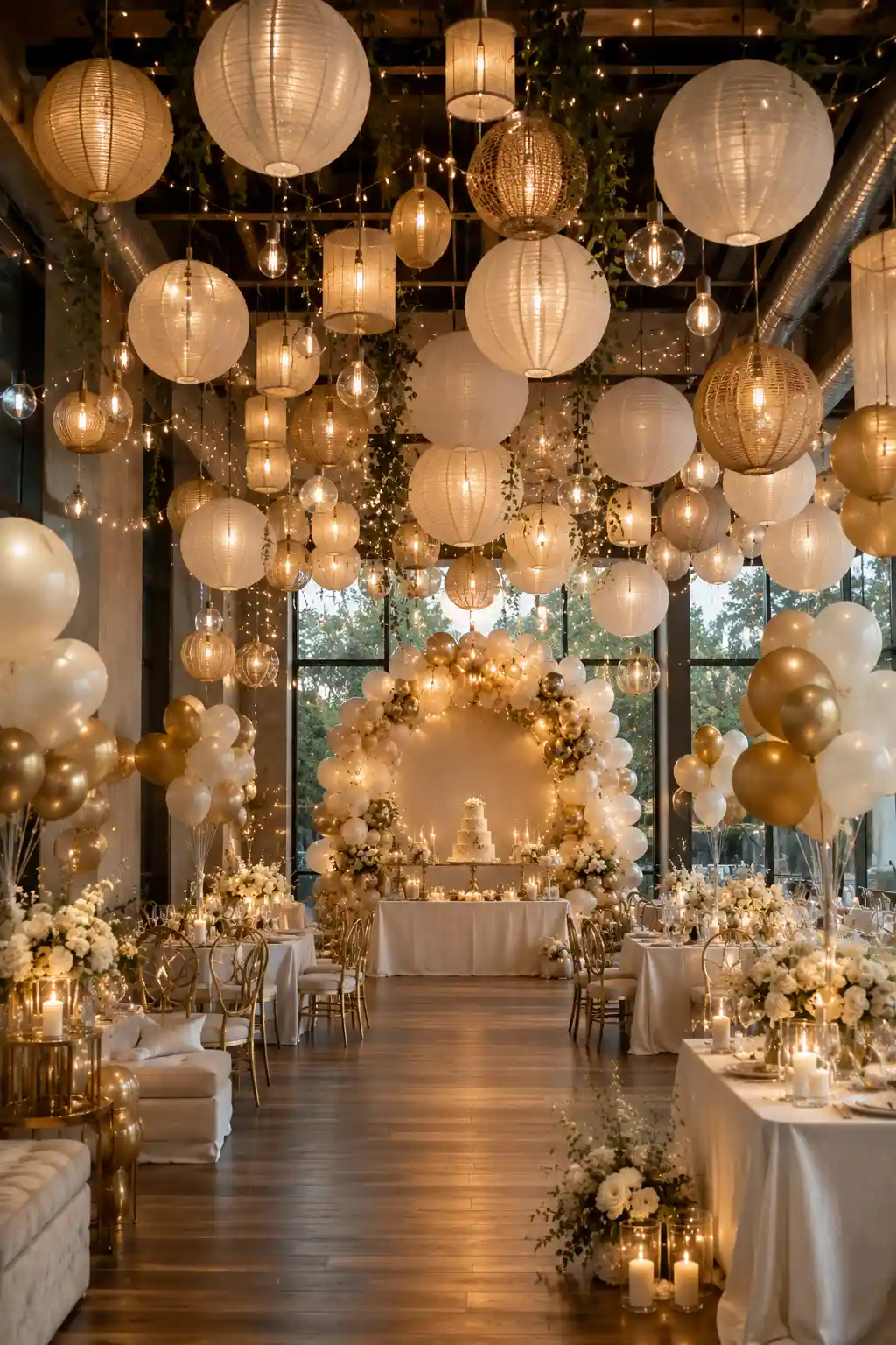 Elegant birthday party ceiling decorated with hanging paper lanterns, woven pendant lights, warm Edison bulbs, fairy lights, white and gold balloon decorations, luxury dining tables, floral arrangements, and modern birthday venue styling with a stunning illuminated atmosphere.