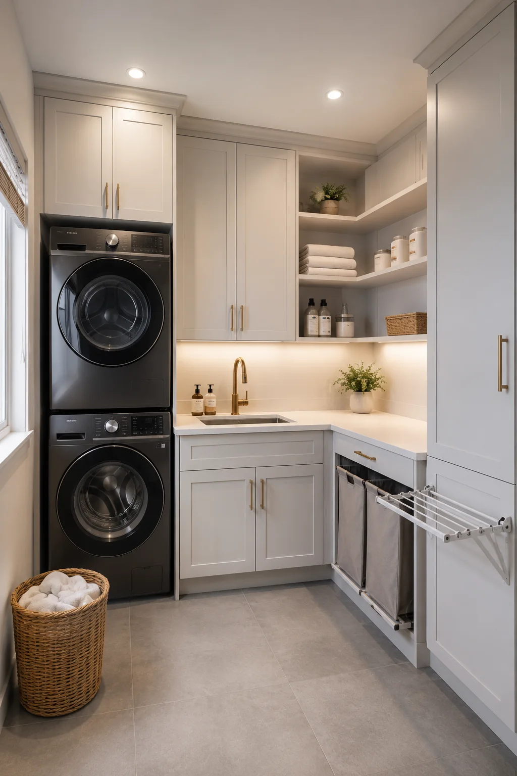 Modern white and walnut laundry room featuring stacked washer and dryer, warm wood accents, white shaker cabinets, spacious quartz countertop, utility sink, open shelving, fold down drying rack, pull out laundry hampers, soft LED lighting, and organized storage for a bright functional laundry space.