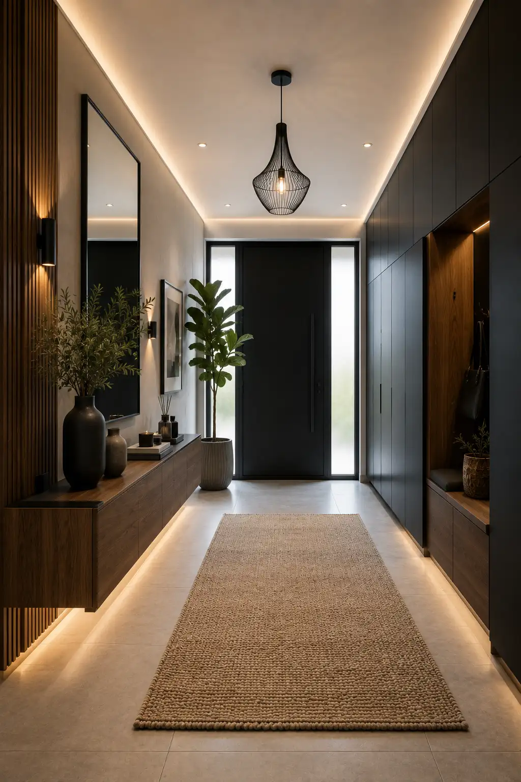 Modern black and wood designer entrance hall featuring matte black built in cabinets, floating walnut console, oversized black framed mirror, vertical wood slat wall, warm LED lighting, luxury pendant light, decorative ceramics, indoor olive tree, neutral runner rug, and a sophisticated contemporary home entrance.
