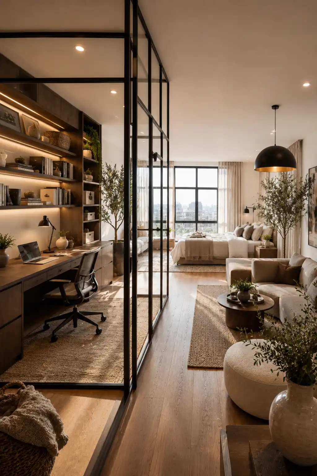 Contemporary studio apartment featuring a black framed glass partition home office, custom built in desk, floating shelves, ergonomic workspace, modern bedroom, cozy living room, oversized windows, warm wood finishes, luxury neutral decor, indoor plants, and functional open concept apartment layout with dedicated work from home space.