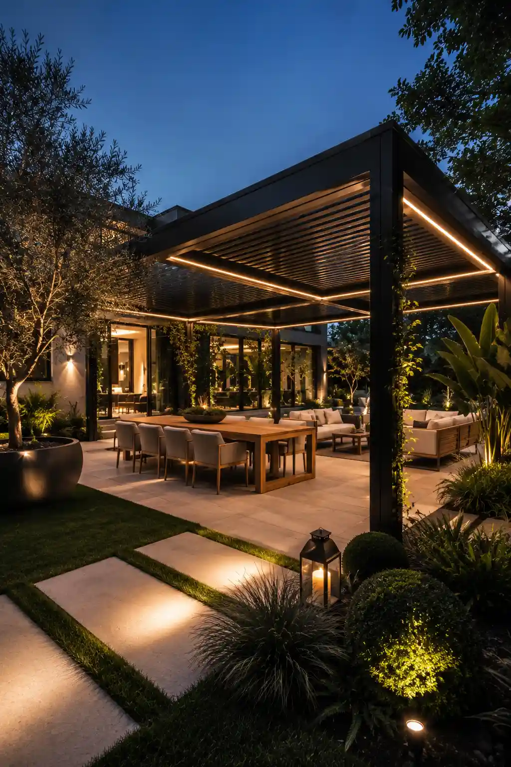 Luxury outdoor pergola with integrated LED lighting, modern backyard lounge, premium outdoor dining area, black aluminum pergola, contemporary garden seating, architectural landscaping, oversized planters, olive trees, warm ambient lighting, modern outdoor entertaining space, luxury backyard design, elegant patio ideas, contemporary outdoor living, designer landscape architecture, and resort style garden inspiration.