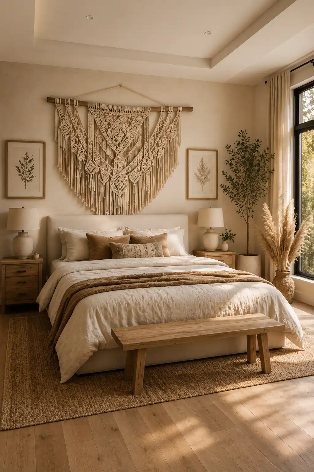 Large handmade macramé wall hanging above a cozy upholstered bed in a warm neutral bedroom featuring intricate cotton rope knots, wooden dowel, layered linen bedding, oak nightstands, ceramic lamps, woven rug, pampas grass, natural sunlight, earthy textures, and elegant DIY macramé wall art ideas for bedroom walls.