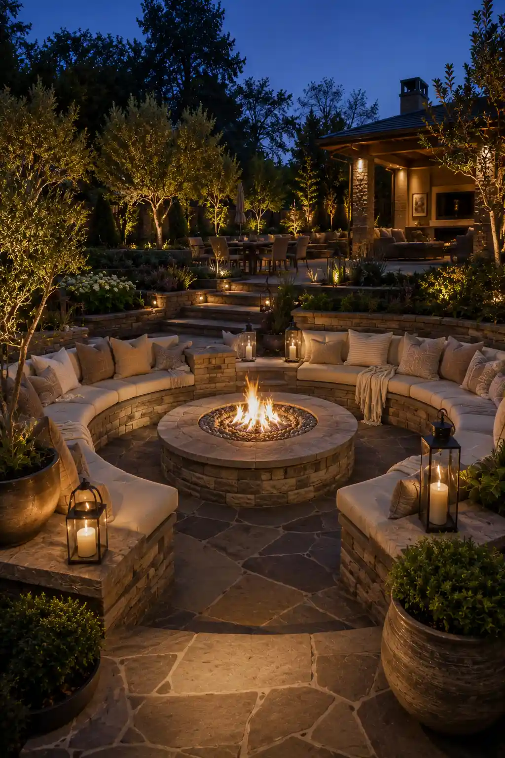 Circular natural stone fire pit with curved built in seating, thick cream cushions, cozy throw blankets, decorative lanterns, landscaped garden, elegant stone patio, glowing fire, premium outdoor gathering area, mature trees, luxury backyard design, and inviting outdoor entertainment space at dusk.