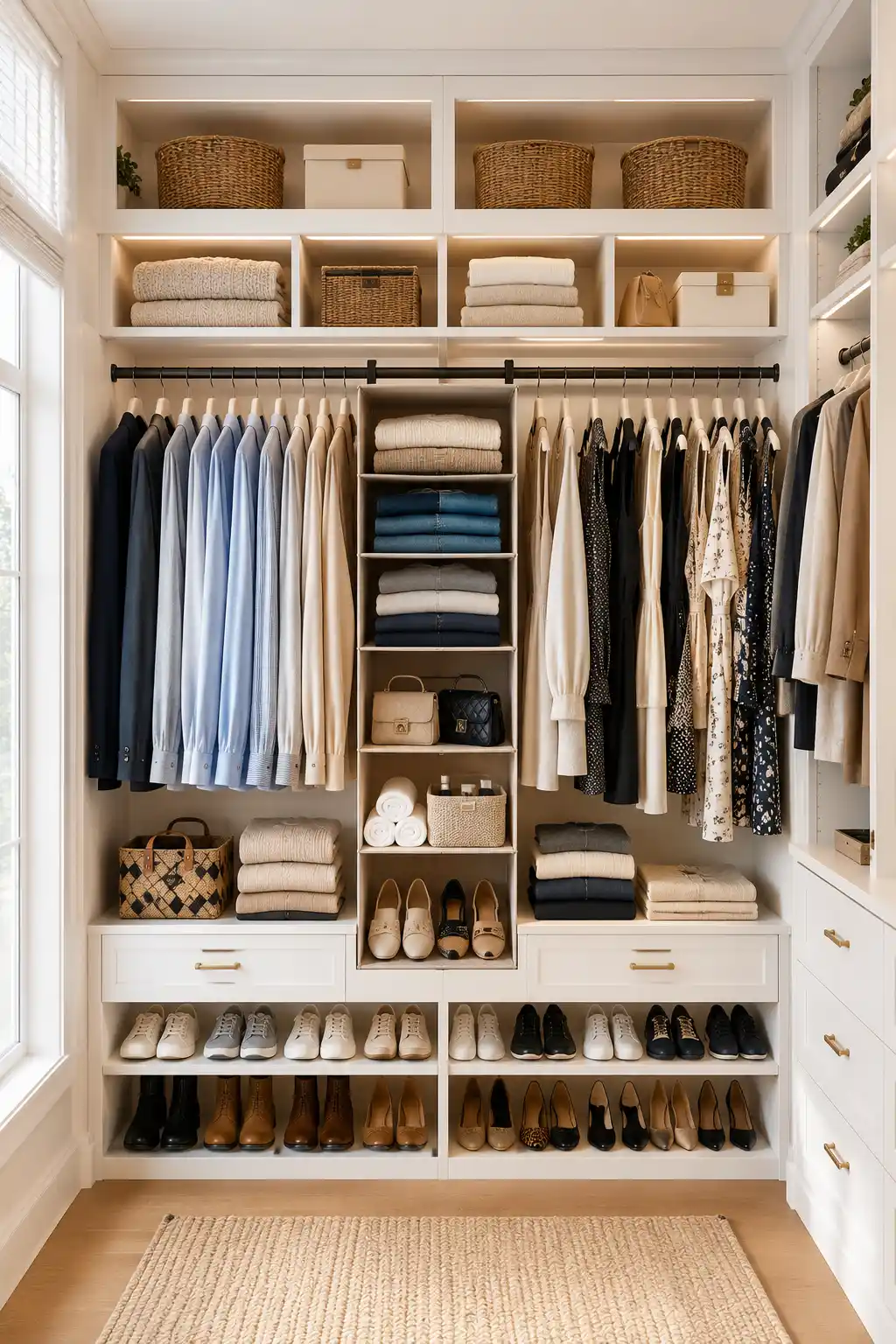 Small closet organization ideas featuring floor to ceiling shelving with woven baskets, folded sweaters, handbags, storage boxes, hanging clothes, shoe storage, and custom built in cabinetry. Luxury closet design with vertical storage solutions that maximize every inch while creating a clean and organized wardrobe.