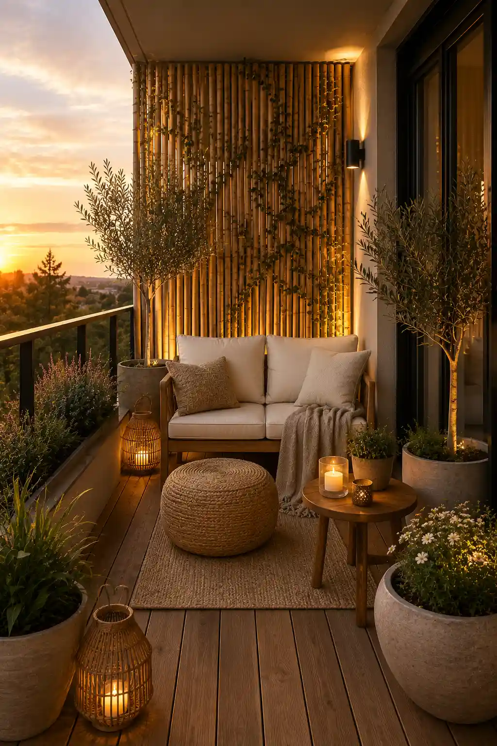 Modern small apartment balcony with natural bamboo privacy screens, cozy outdoor loveseat, cream cushions, woven rug, wooden side table, decorative lanterns, olive trees, flowering plants, climbing ivy, teak decking, and warm lighting, creating a peaceful private balcony retreat with stylish privacy solutions.