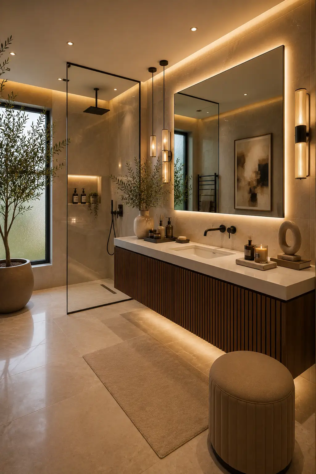 Boutique hotel inspired guest bathroom featuring a fluted walnut floating vanity, oversized backlit LED mirror, elegant pendant lighting, frameless glass walk in shower, rainfall showerhead, illuminated shower niche, matte black fixtures, white quartz countertop, luxury candles, ceramic décor, abstract wall art, olive branches, warm architectural lighting, and high end modern guest bathroom styling.