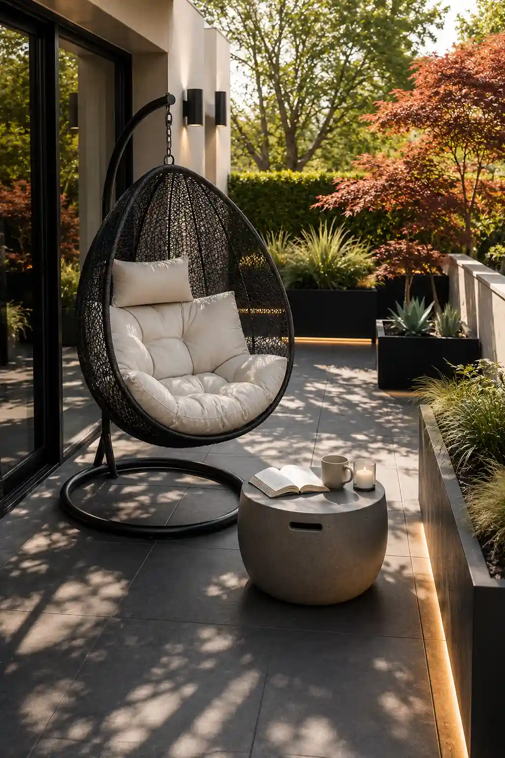 Elegant black hanging egg chair with oversized weather resistant cushions on a contemporary small patio featuring a concrete side table, architectural planters, Japanese maple tree, charcoal porcelain pavers, warm outdoor lighting, and cozy luxury outdoor furniture ideas for modern patio spaces.