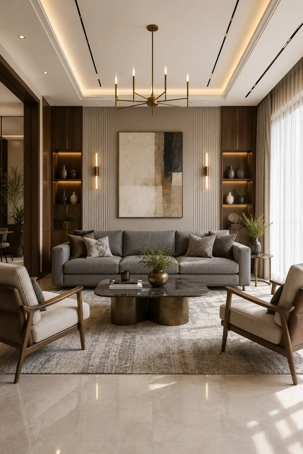 Contemporary grey couch living room featuring a sleek grey sofa, custom fluted wall panels, built in walnut shelving with warm LED lighting, large abstract wall art, dark stone coffee table, modern brass chandelier, neutral textured rug, designer accent chairs, floor to ceiling curtains, luxury contemporary décor, and a sophisticated family friendly layout.