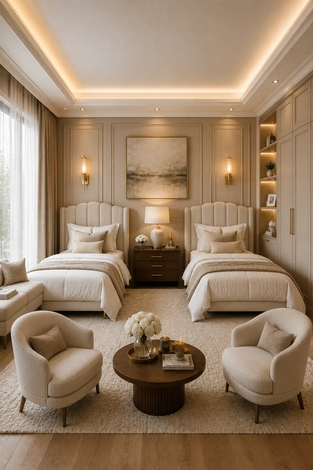Elegant twin guest bedroom featuring two matching cream upholstered beds with layered white bedding, decorative throw pillows, shared walnut nightstand, ceramic table lamp, decorative wall molding, oversized neutral artwork, warm brass wall sconces, cozy accent chairs, round coffee table, built in storage cabinets, plush ivory area rug, oak flooring, and luxury hotel inspired guest room design for family and visitors.